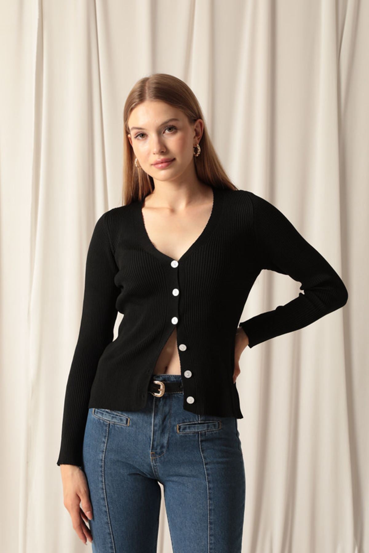 Knitwear Fabric Buttoned Women's Black Cardigan - STREETMODE™