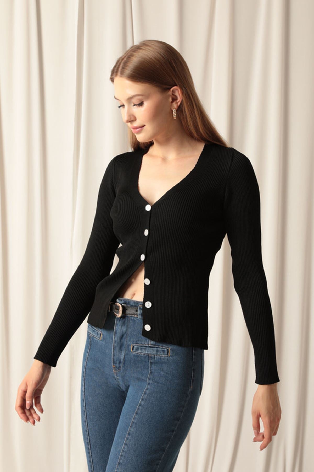 Knitwear Fabric Buttoned Women's Black Cardigan - STREETMODE™