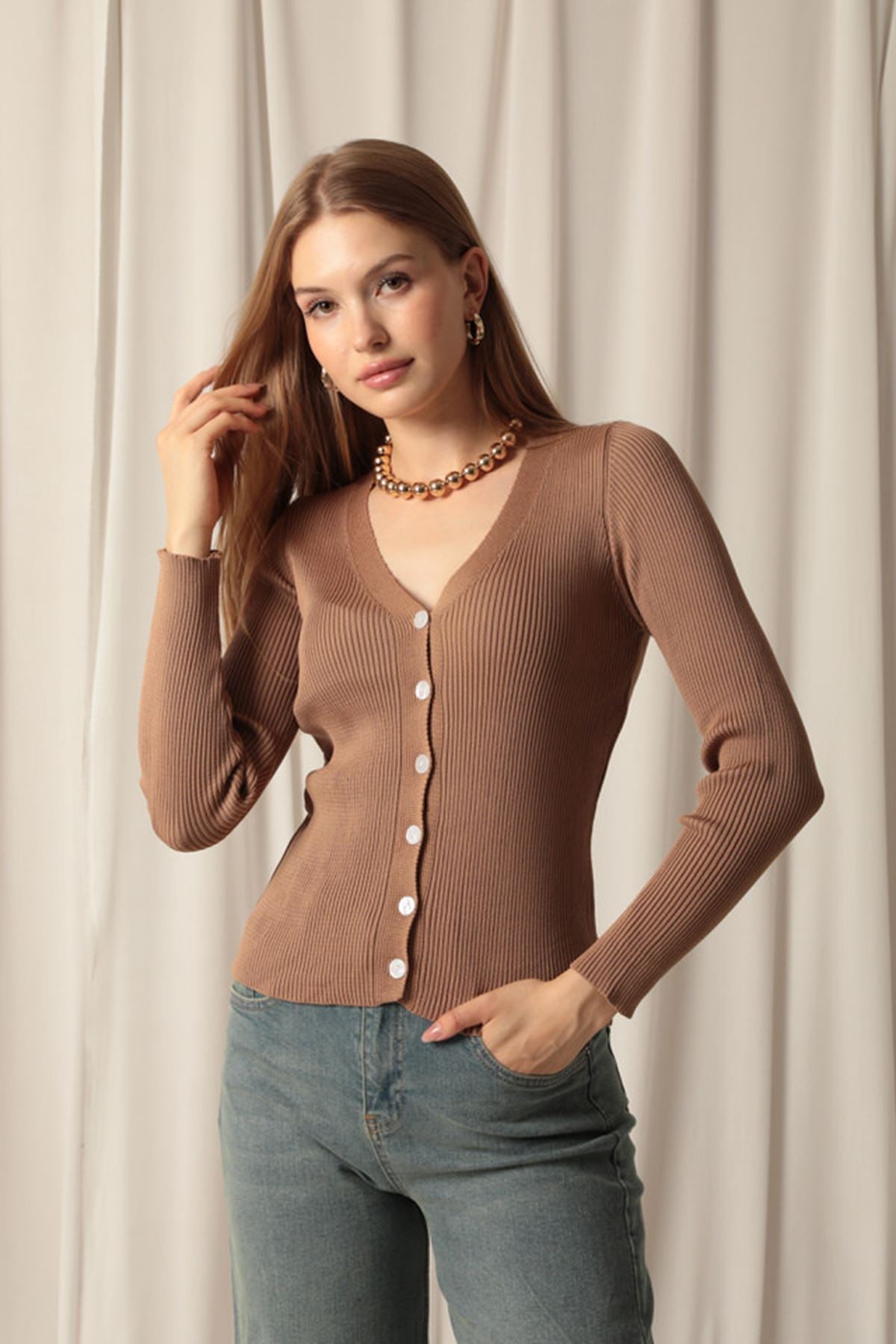 Knitwear Fabric Buttoned Women's Brown Cardigan - STREETMODE™