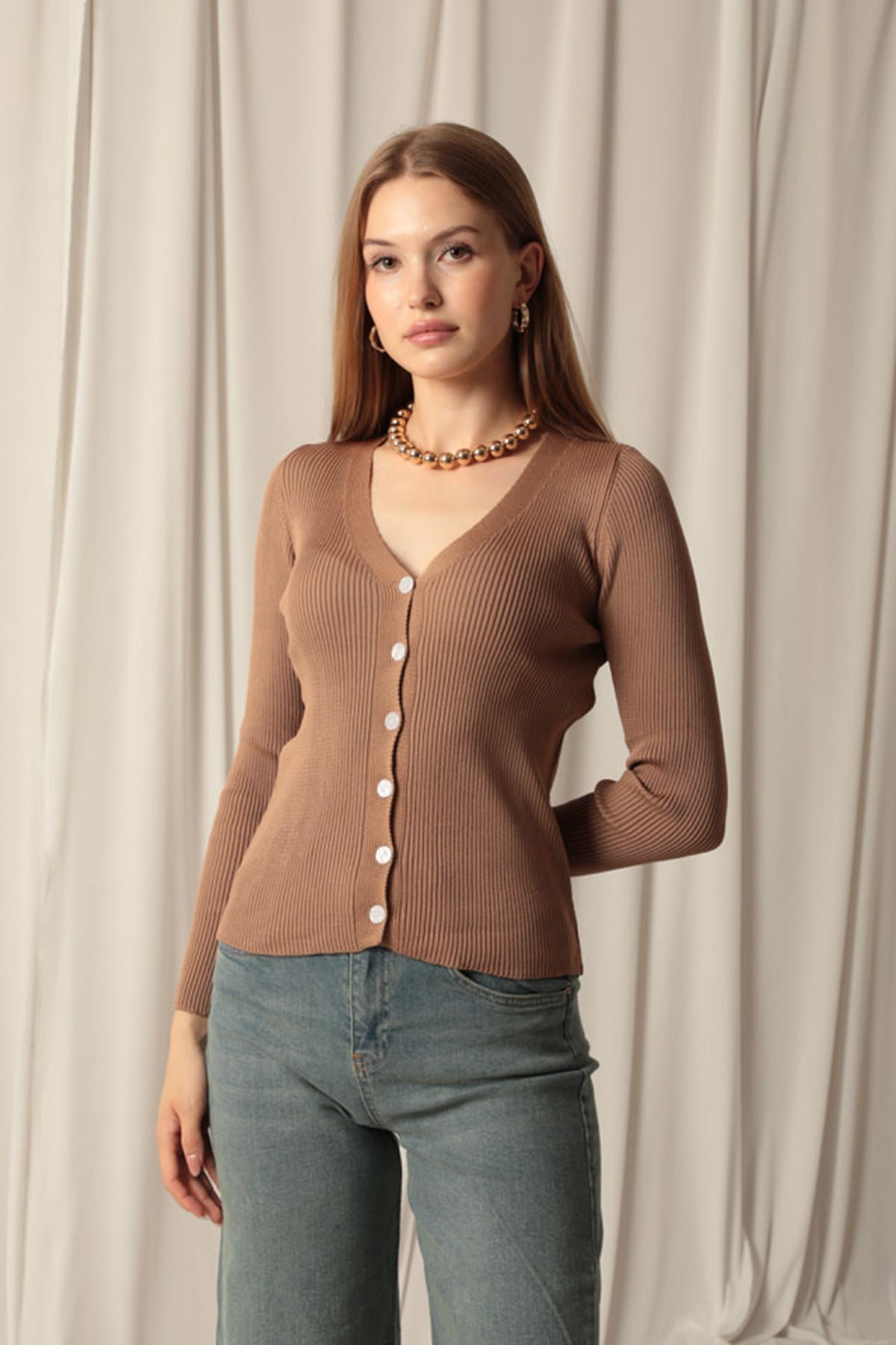 Knitwear Fabric Buttoned Women's Brown Cardigan - STREETMODE™