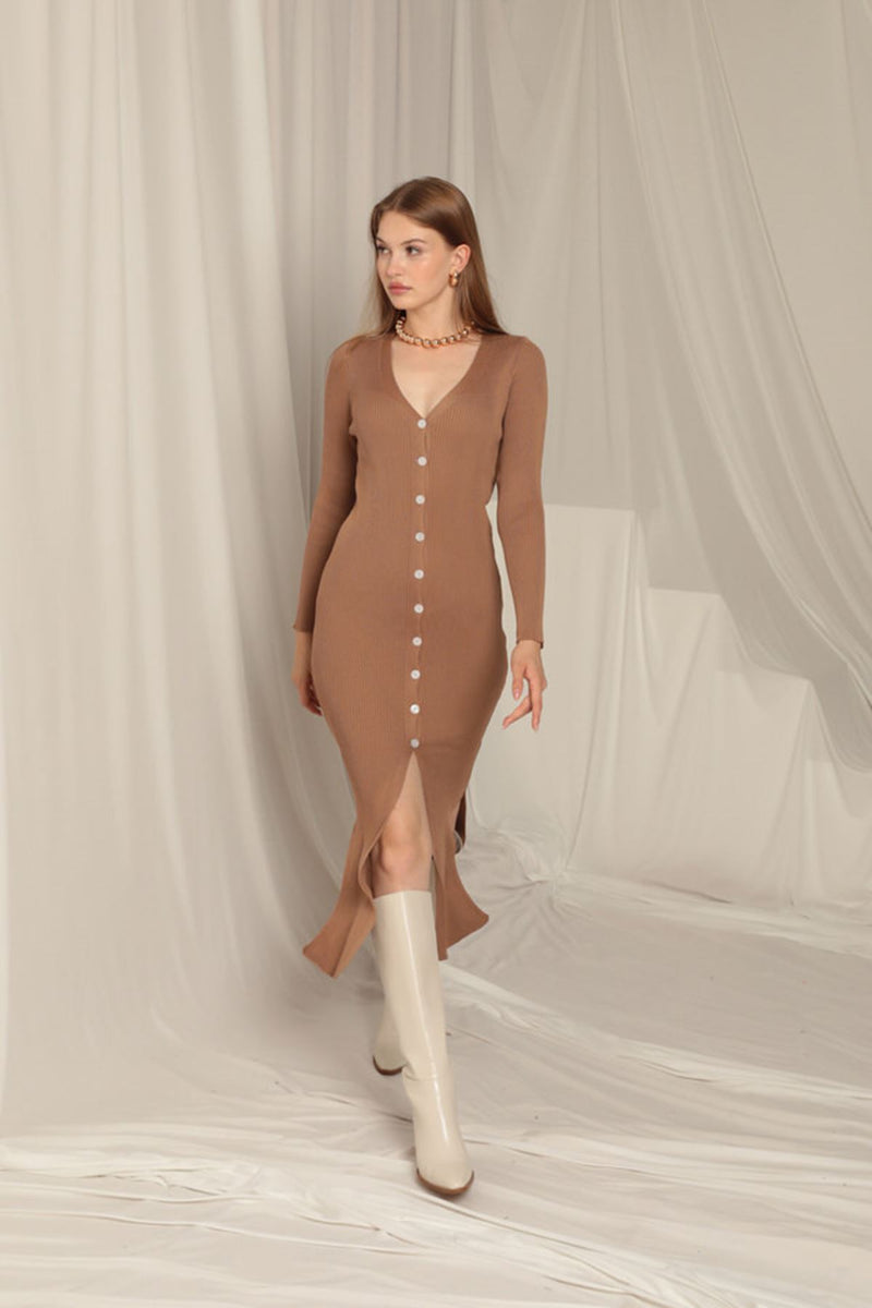 Knitwear Fabric Buttoned Women's Coffee Dress - STREETMODE™