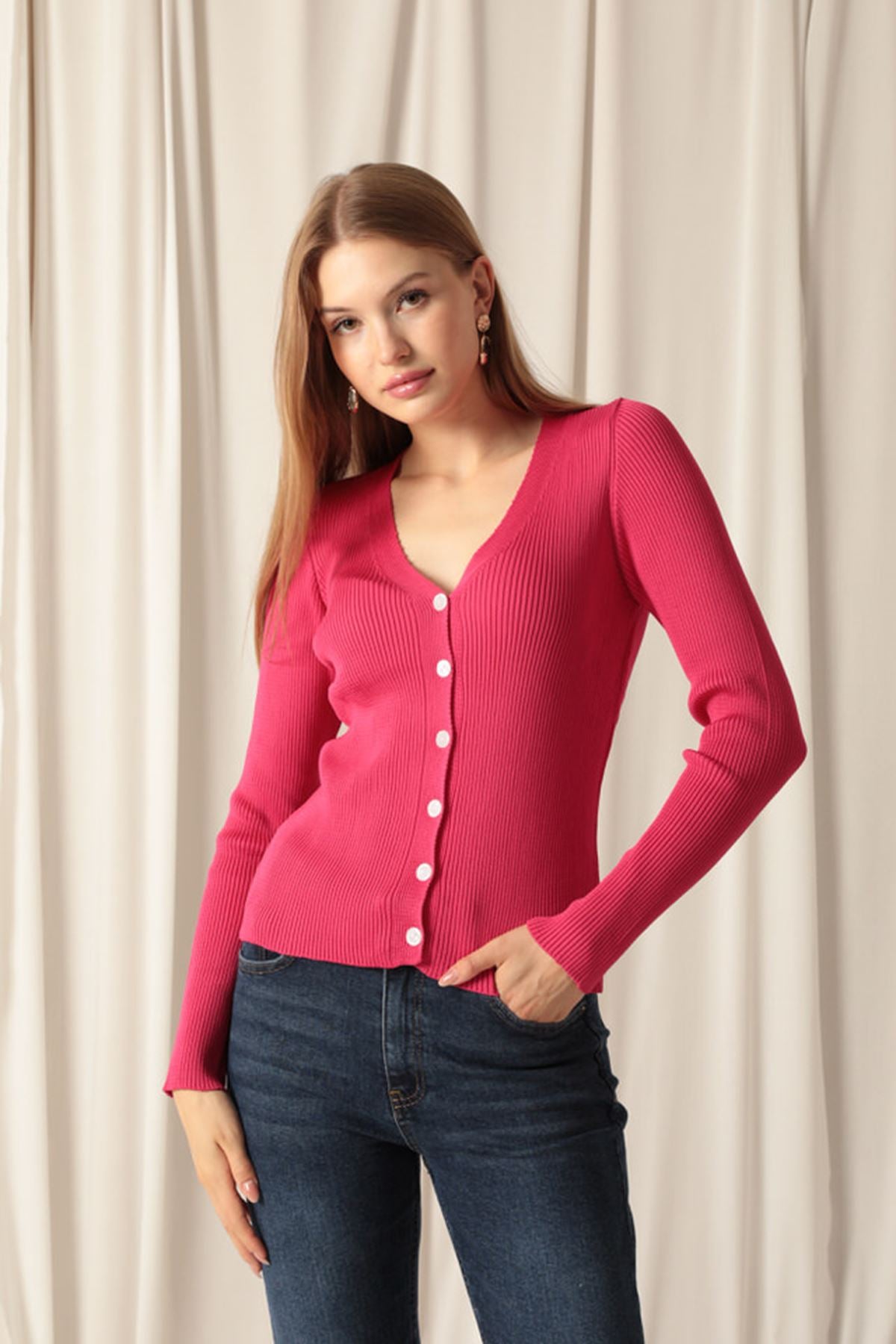 Knitwear Fabric Buttoned Women's Fuchsia Cardigan - STREETMODE™