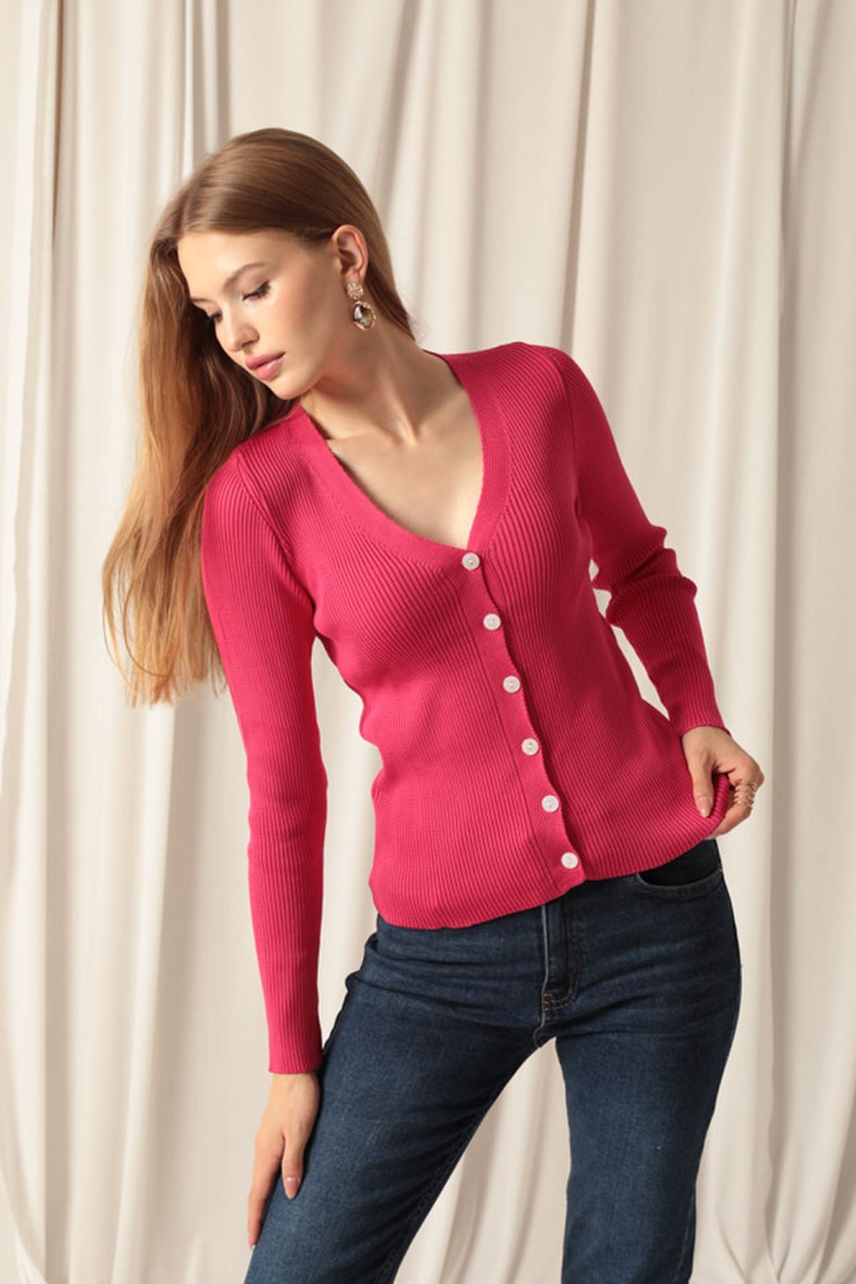 Knitwear Fabric Buttoned Women's Fuchsia Cardigan - STREETMODE™