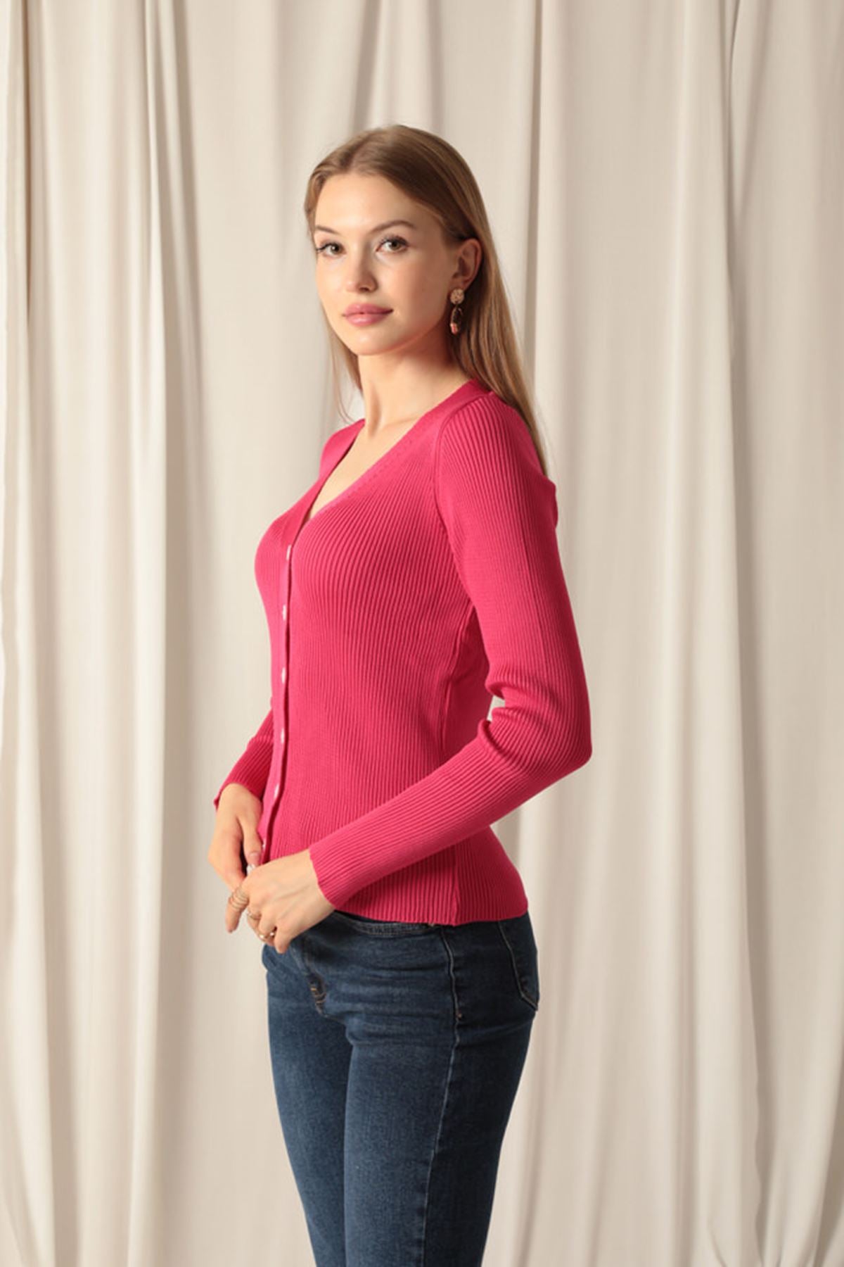 Knitwear Fabric Buttoned Women's Fuchsia Cardigan - STREETMODE™