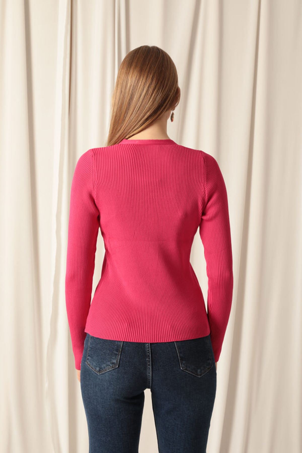 Knitwear Fabric Buttoned Women's Fuchsia Cardigan - STREETMODE™