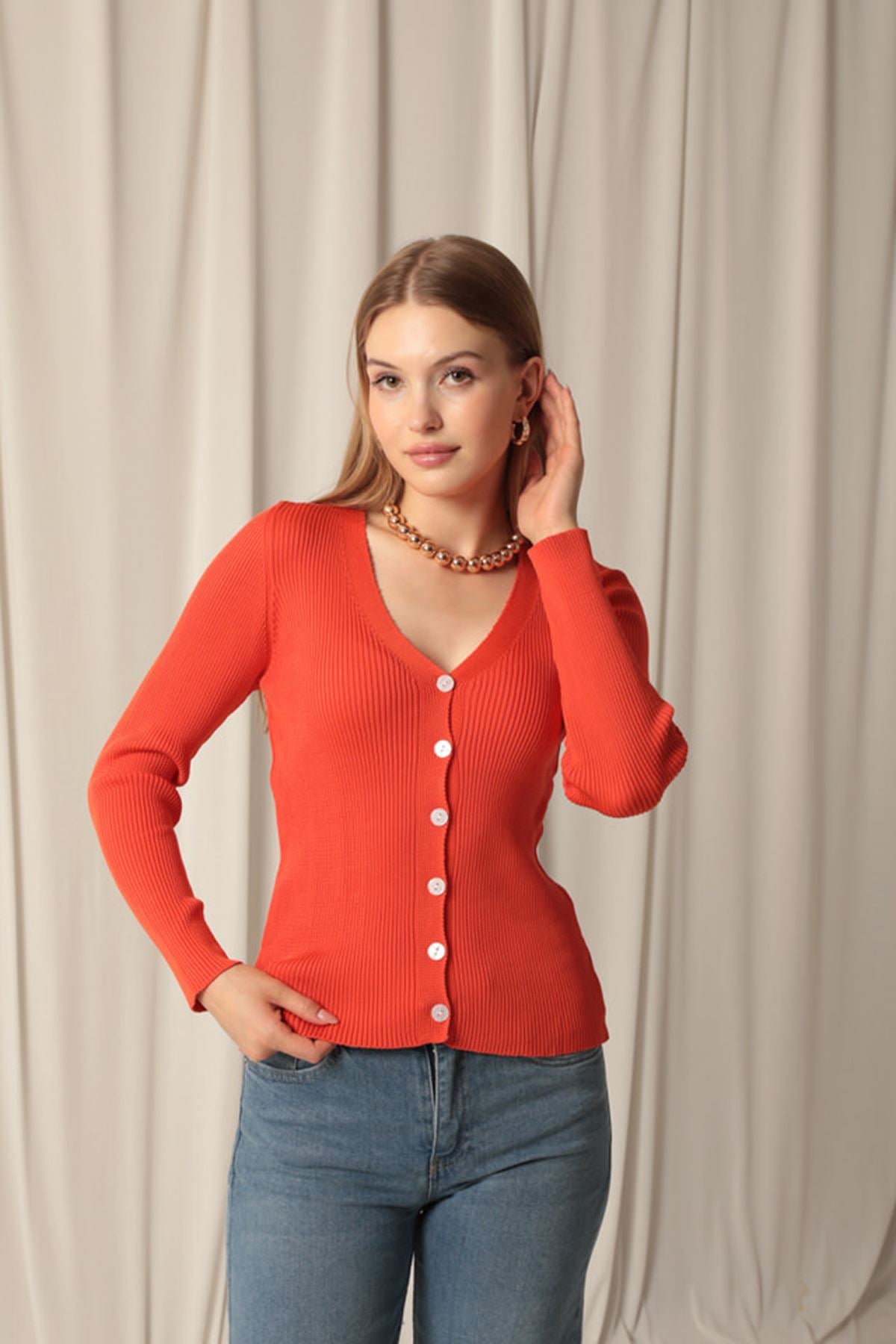 Knitwear Fabric Buttoned Women's Orange Cardigan - STREETMODE™