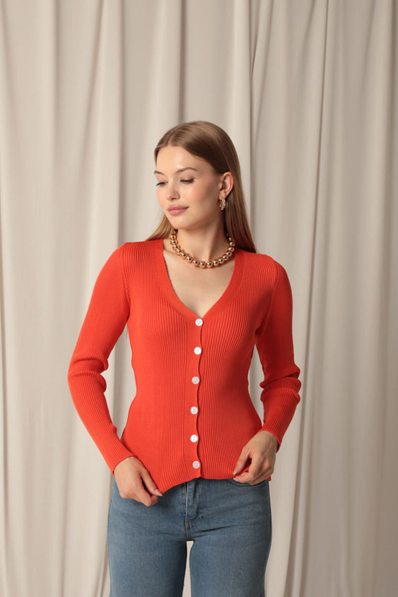 Knitwear Fabric Buttoned Women's Orange Cardigan - STREETMODE™