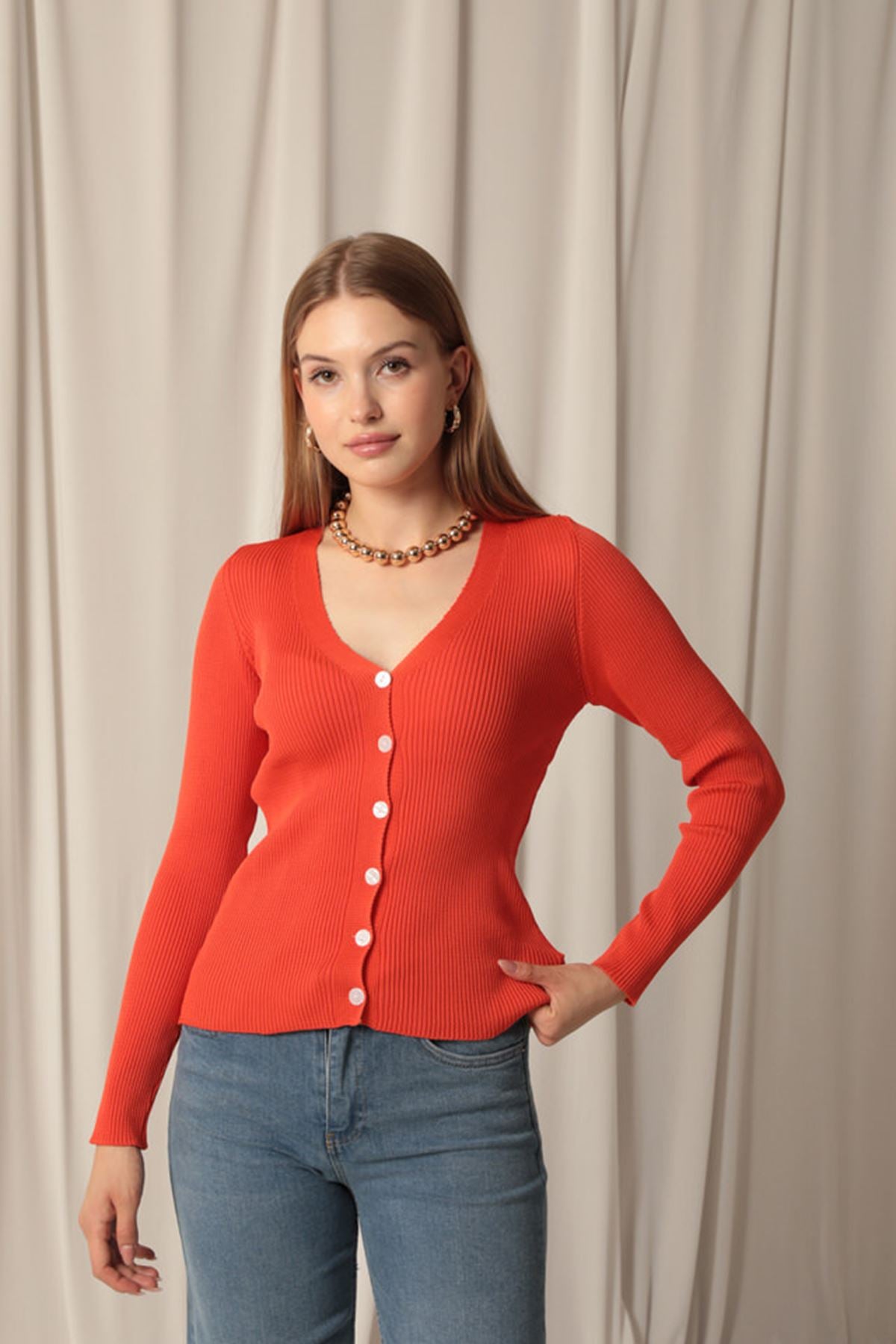 Knitwear Fabric Buttoned Women's Orange Cardigan - STREETMODE™