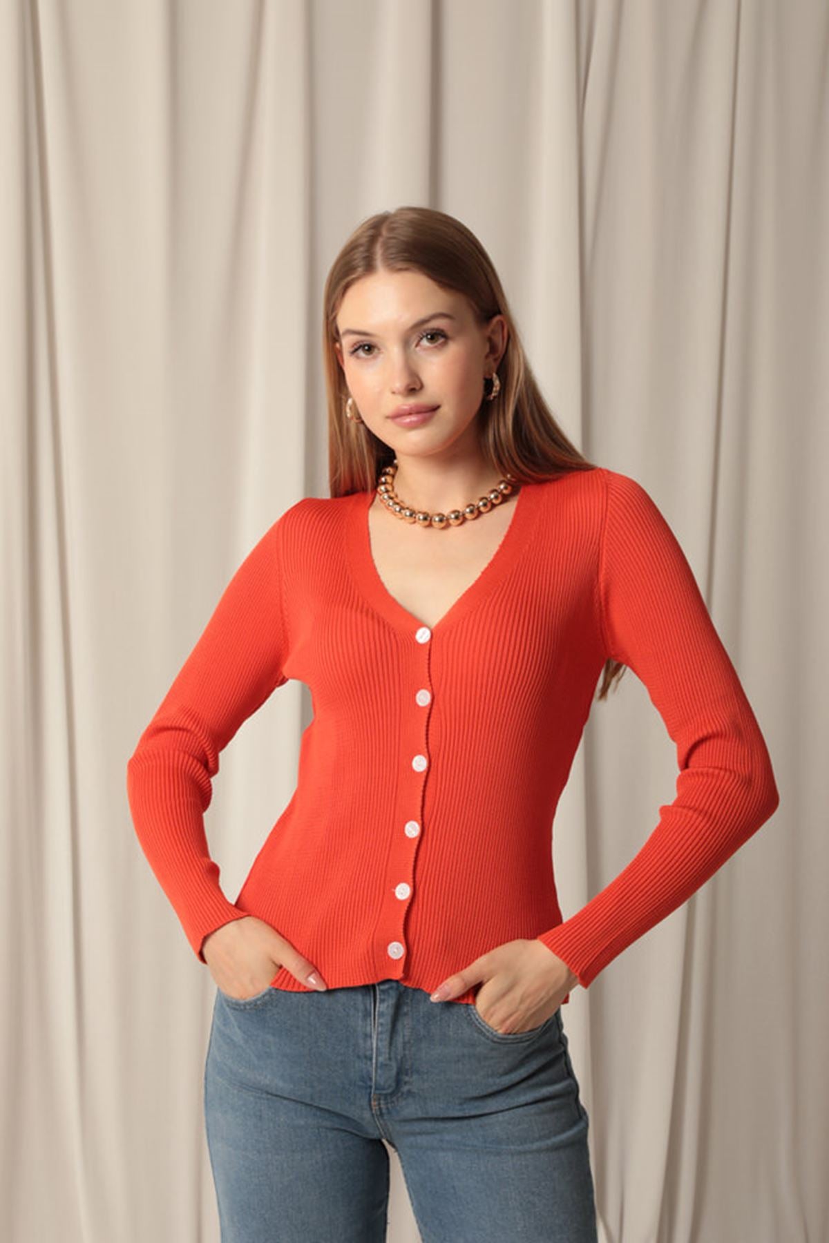 Knitwear Fabric Buttoned Women's Orange Cardigan - STREETMODE™