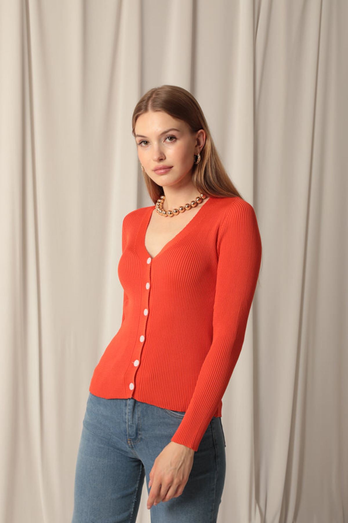 Knitwear Fabric Buttoned Women's Orange Cardigan - STREETMODE™