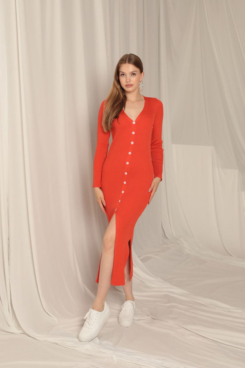 Knitwear Fabric Buttoned Women's Orange Dress - STREETMODE™