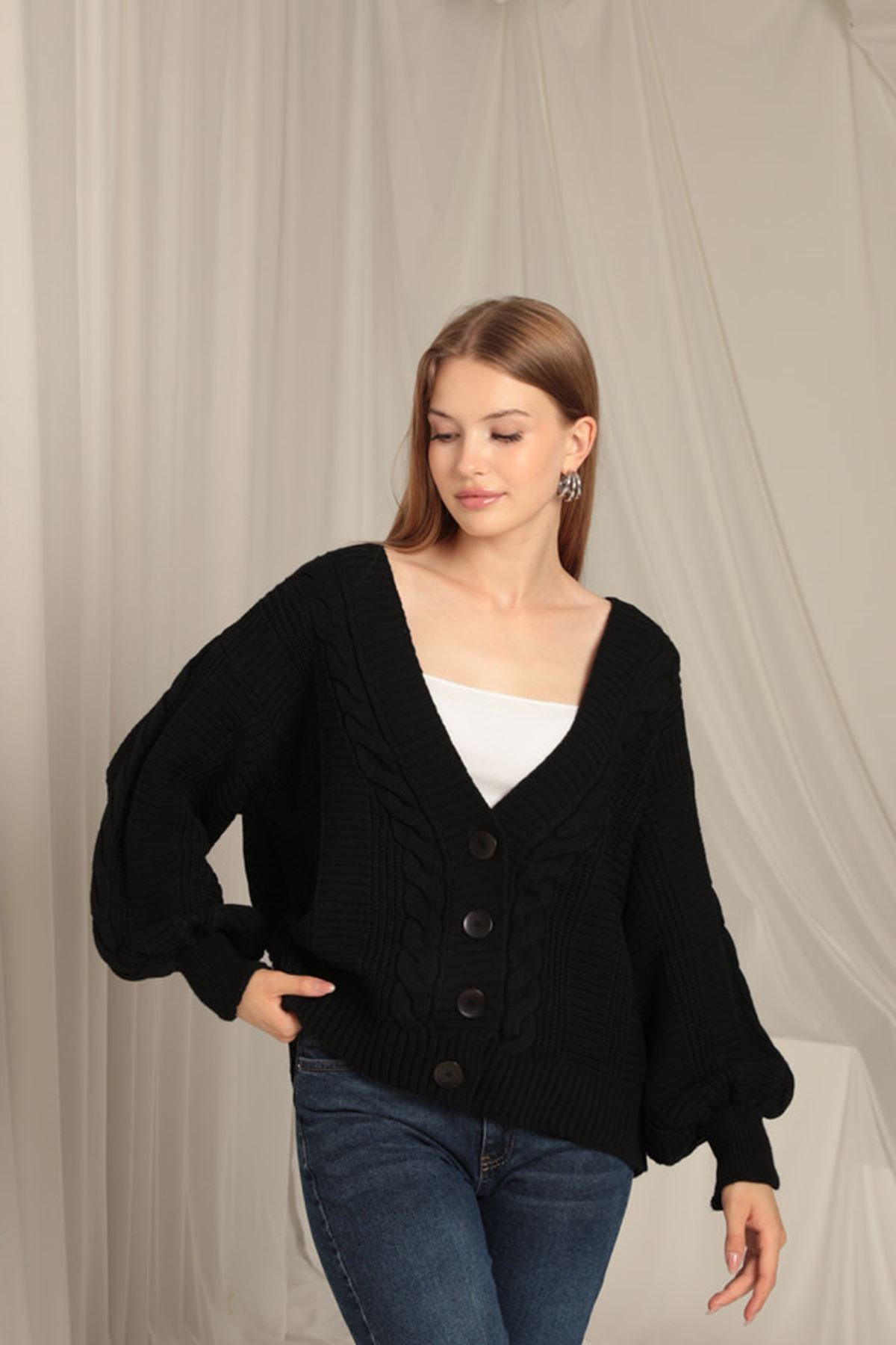 Knitwear Fabric Knit Detailed Women's Black Cardigan - STREETMODE™