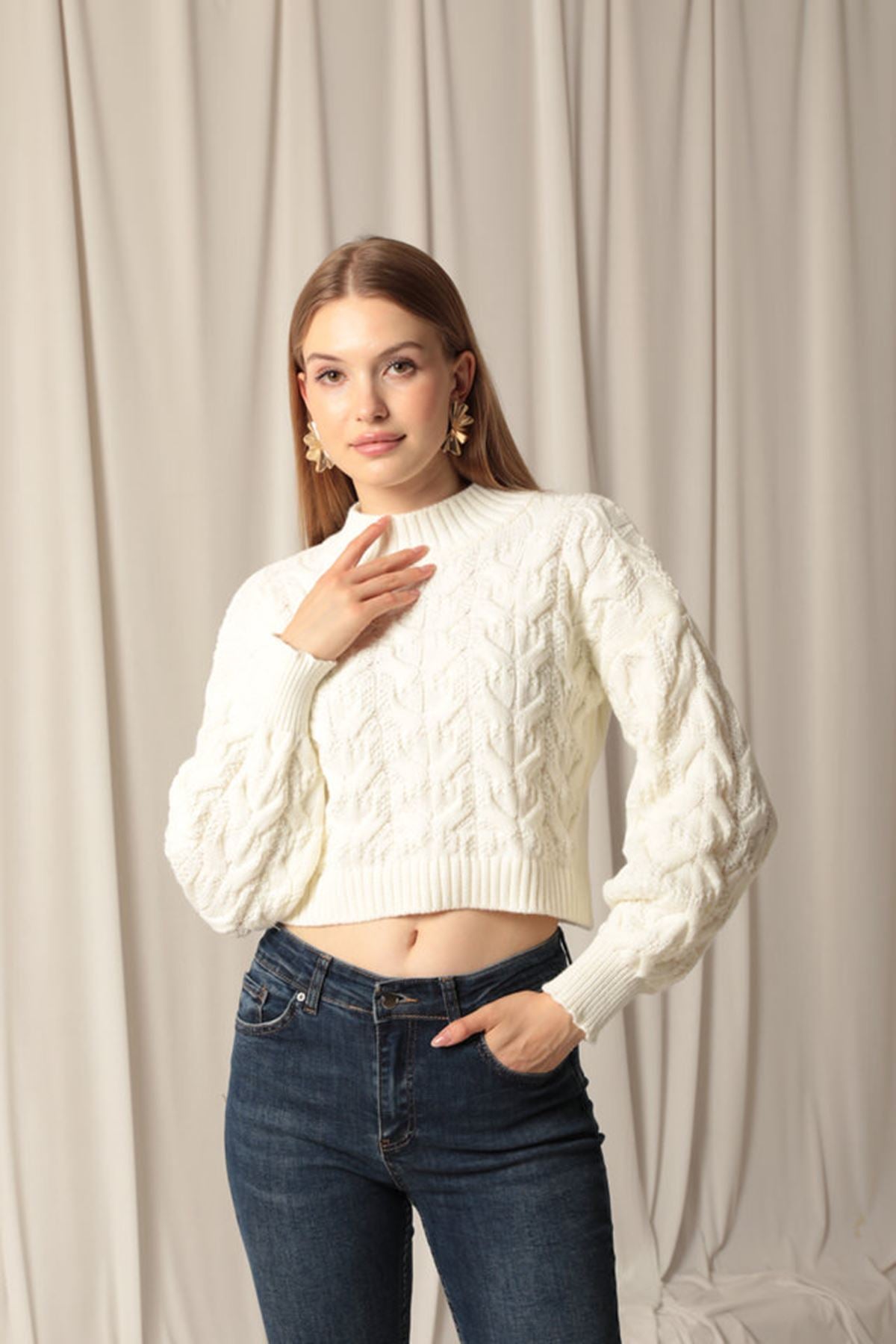 Knitwear Fabric Knit Detailed Women's Ecru Sweater - STREETMODE™