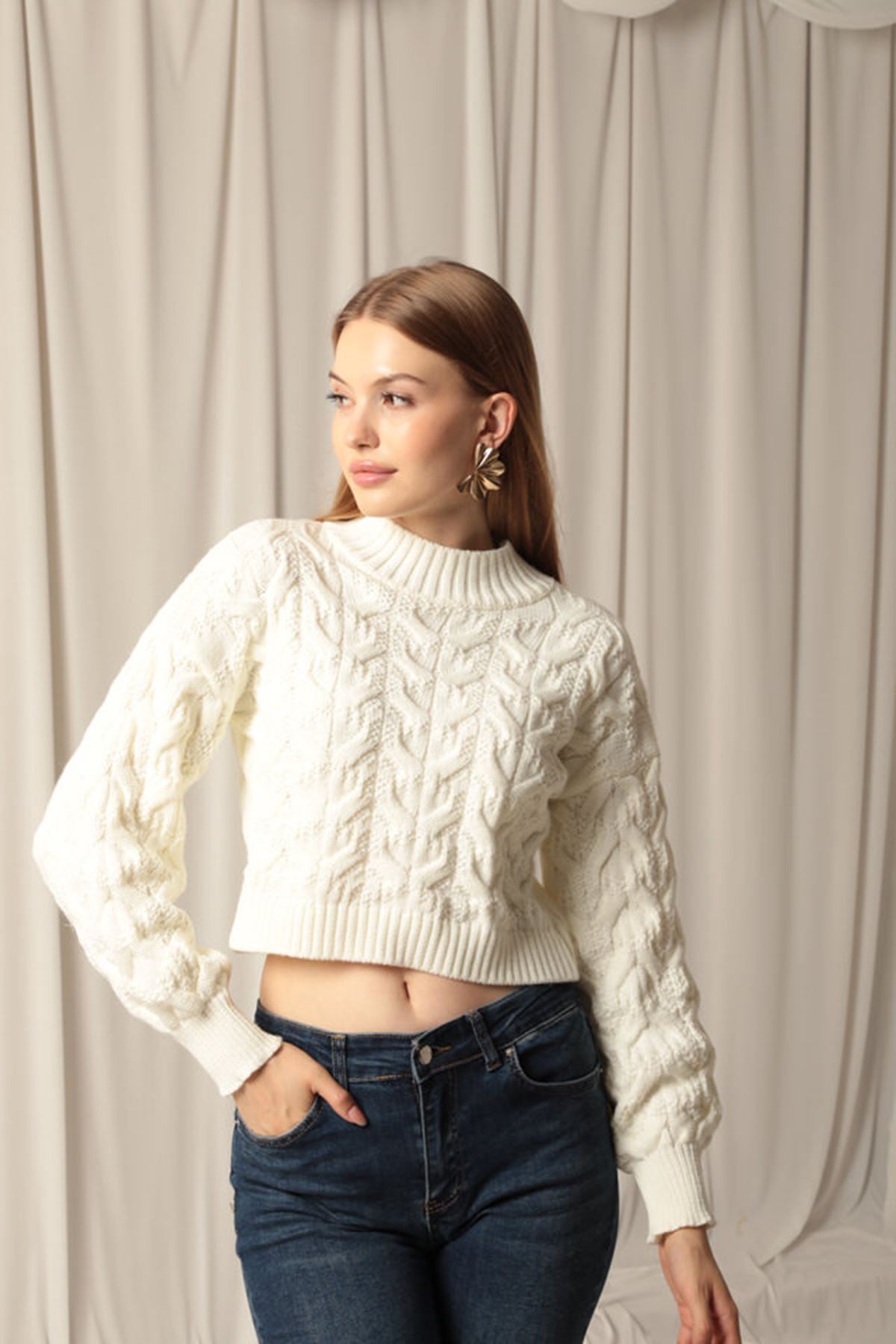 Knitwear Fabric Knit Detailed Women's Ecru Sweater - STREETMODE™