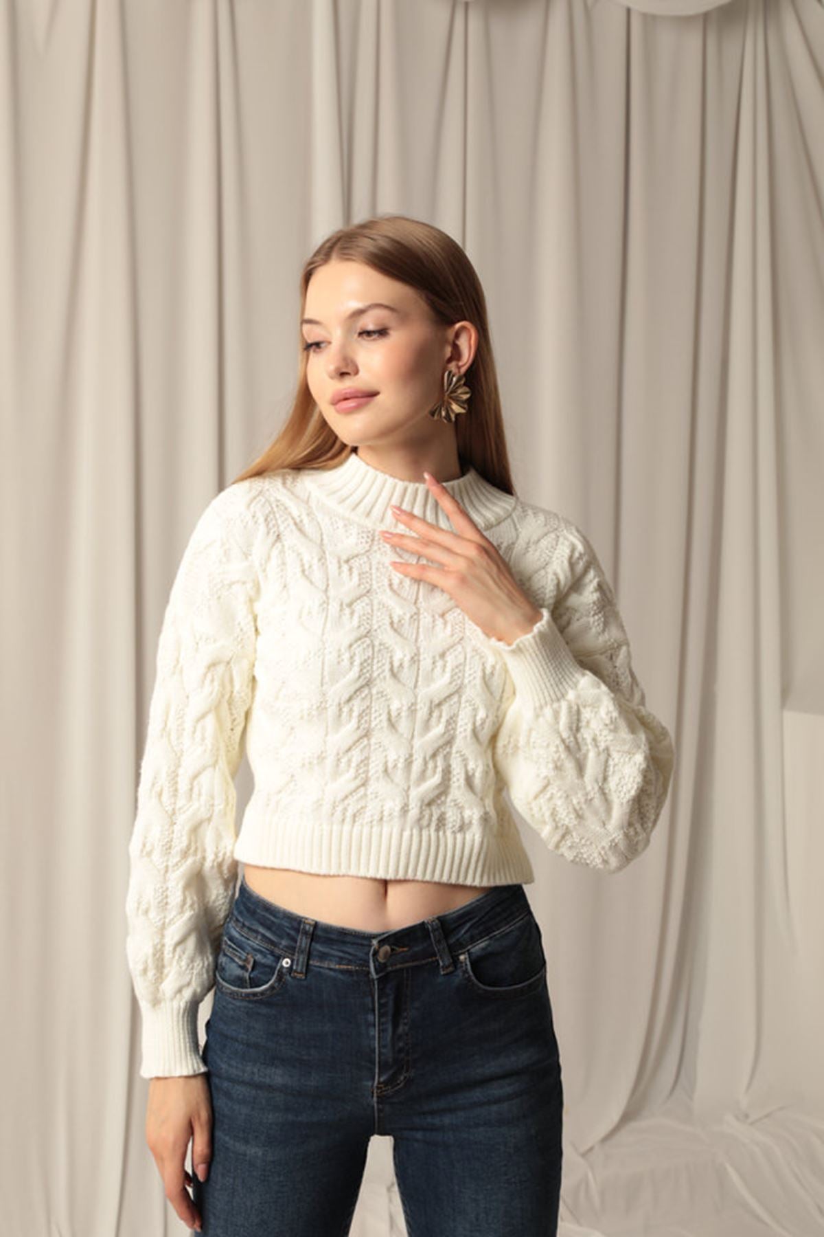 Knitwear Fabric Knit Detailed Women's Ecru Sweater - STREETMODE™