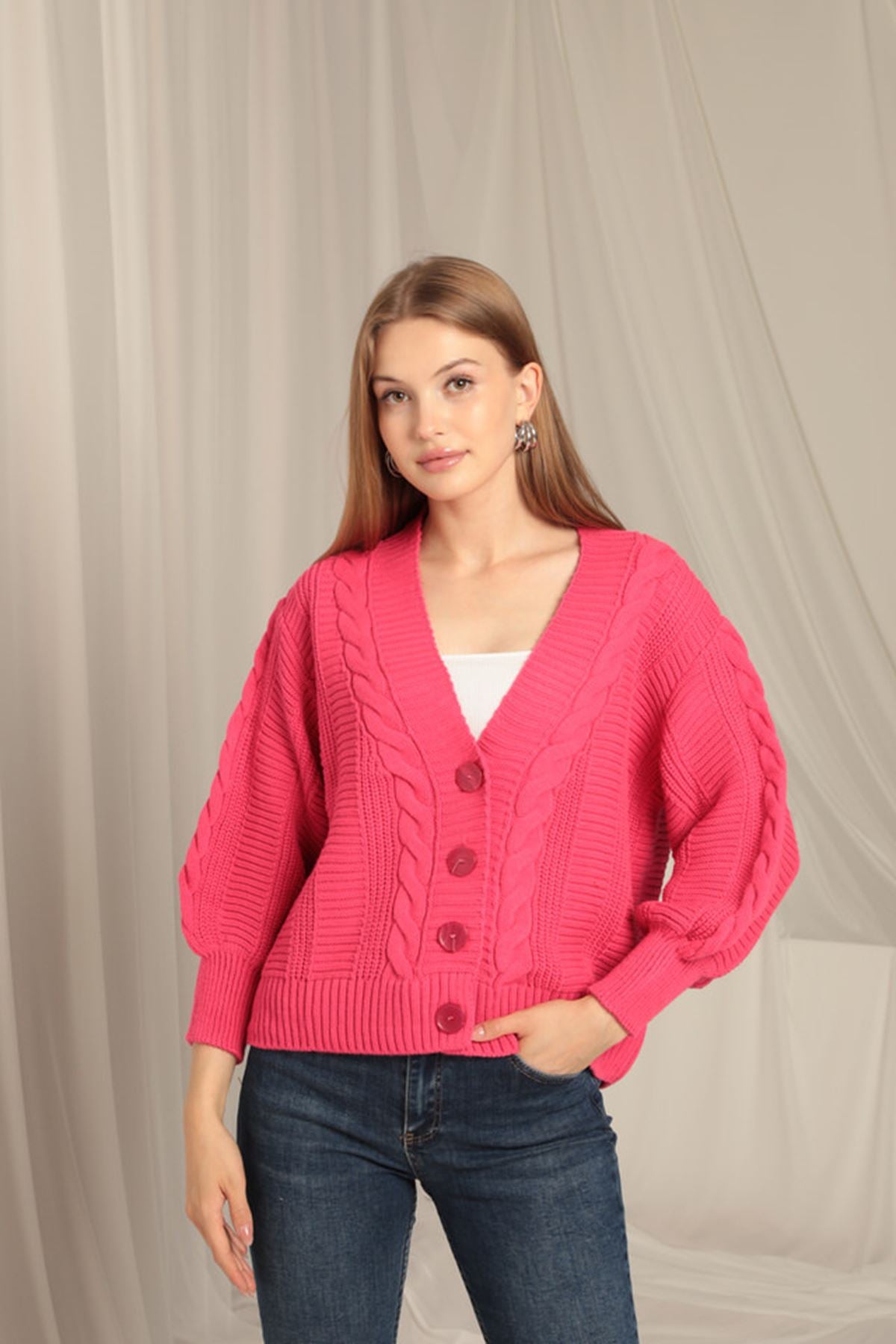 Knitwear Fabric Knit Detailed Women's Fuchsia Cardigan - STREETMODE™