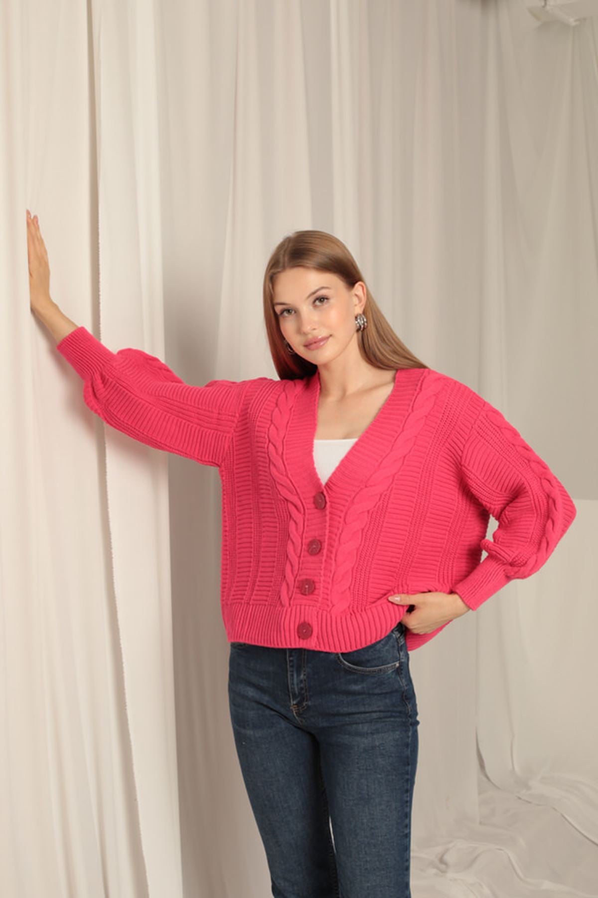 Knitwear Fabric Knit Detailed Women's Fuchsia Cardigan - STREETMODE™