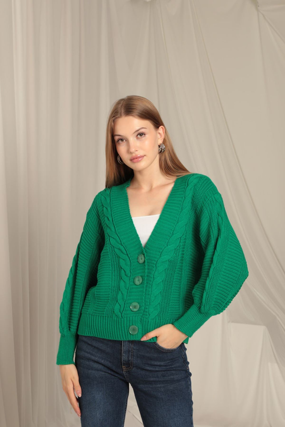 Knitwear Fabric Knit Detailed Women's Green Cardigan - STREETMODE™