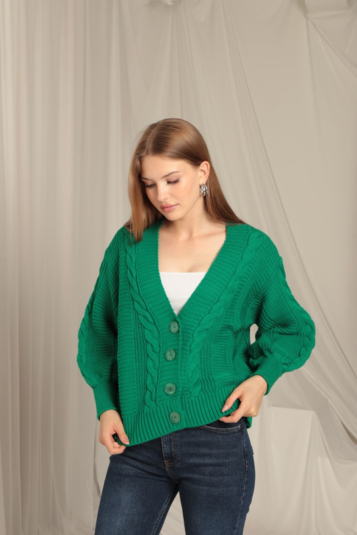 Knitwear Fabric Knit Detailed Women's Green Cardigan - STREETMODE™