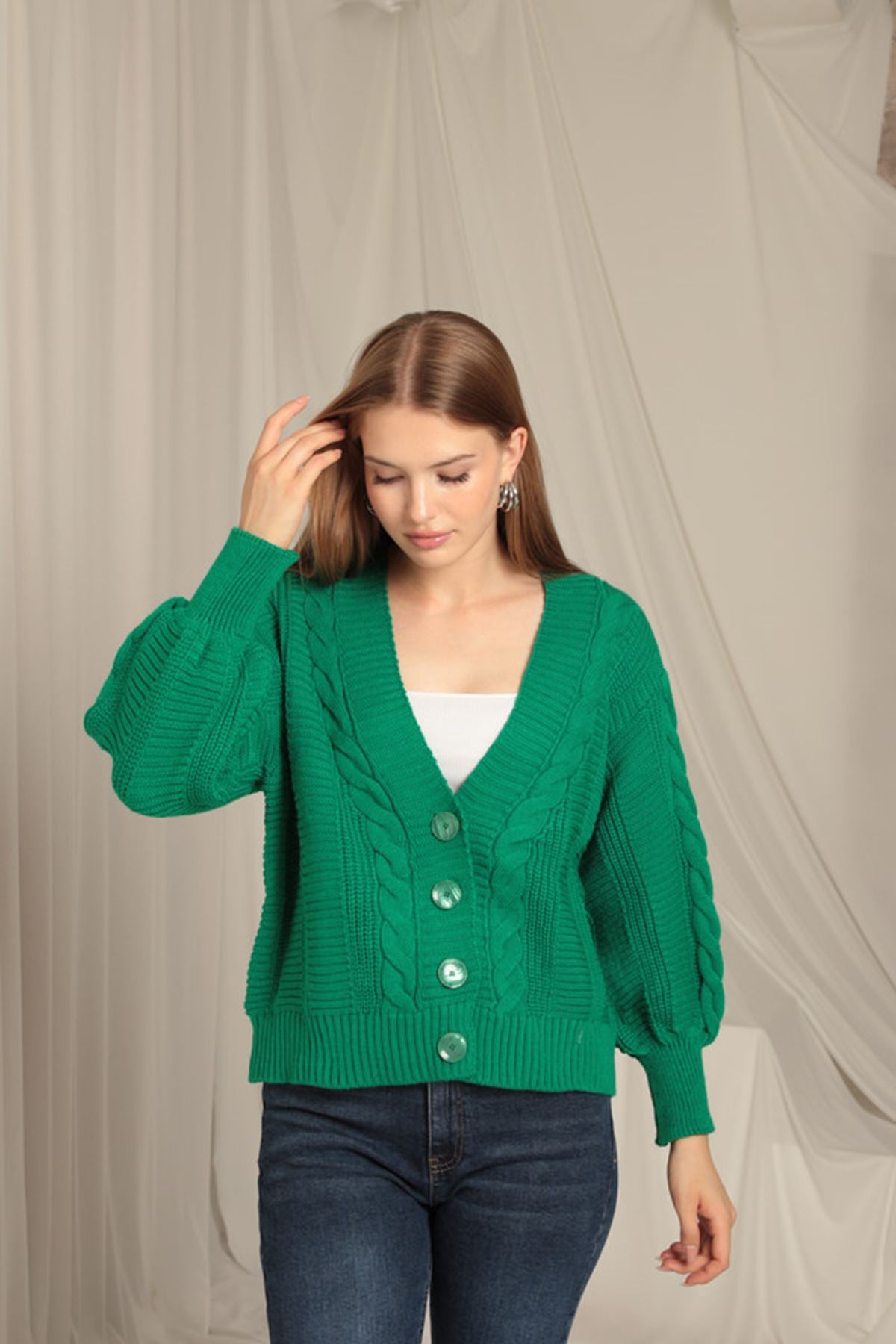 Knitwear Fabric Knit Detailed Women's Green Cardigan - STREETMODE™