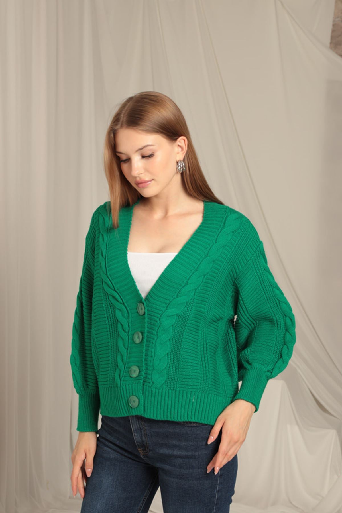 Knitwear Fabric Knit Detailed Women's Green Cardigan - STREETMODE™