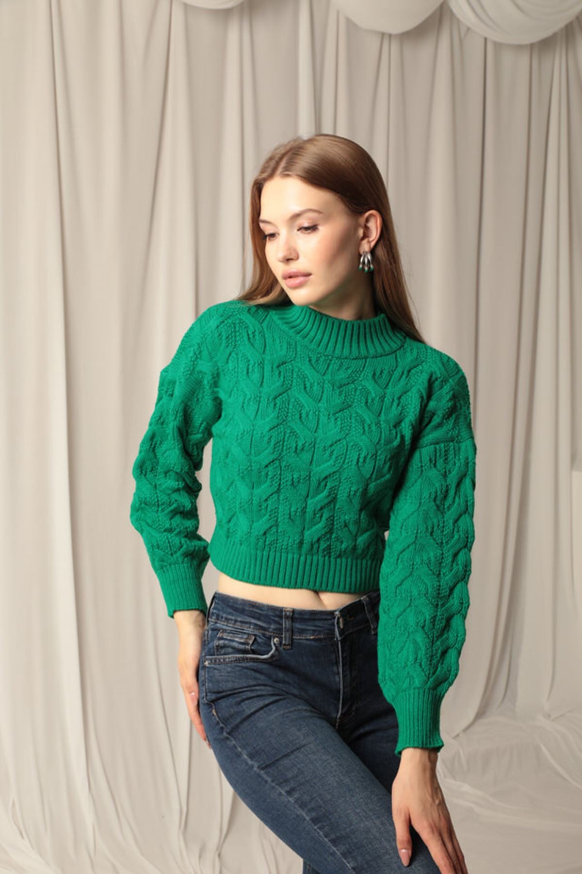 Knitwear Fabric Knit Detailed Women's Green Sweater - STREETMODE™