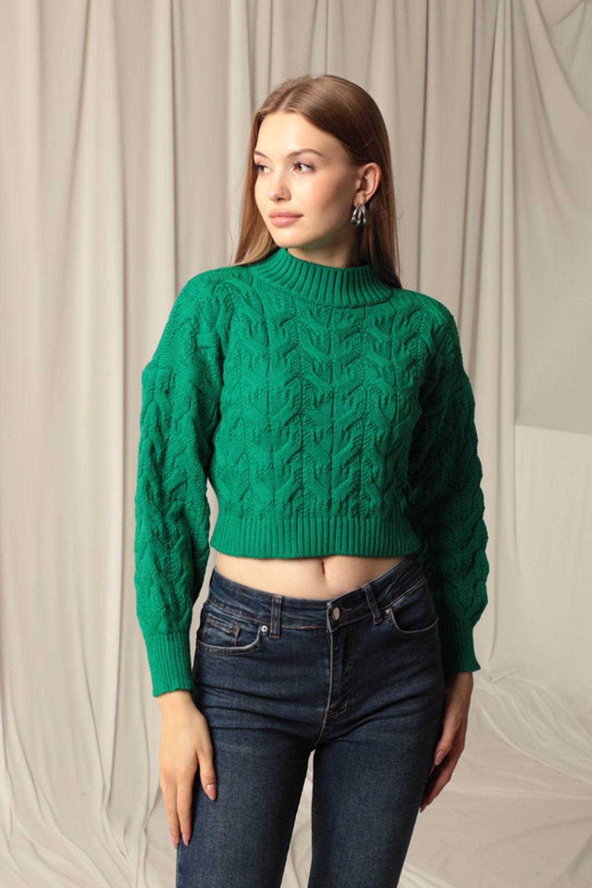 Knitwear Fabric Knit Detailed Women's Green Sweater - STREETMODE™