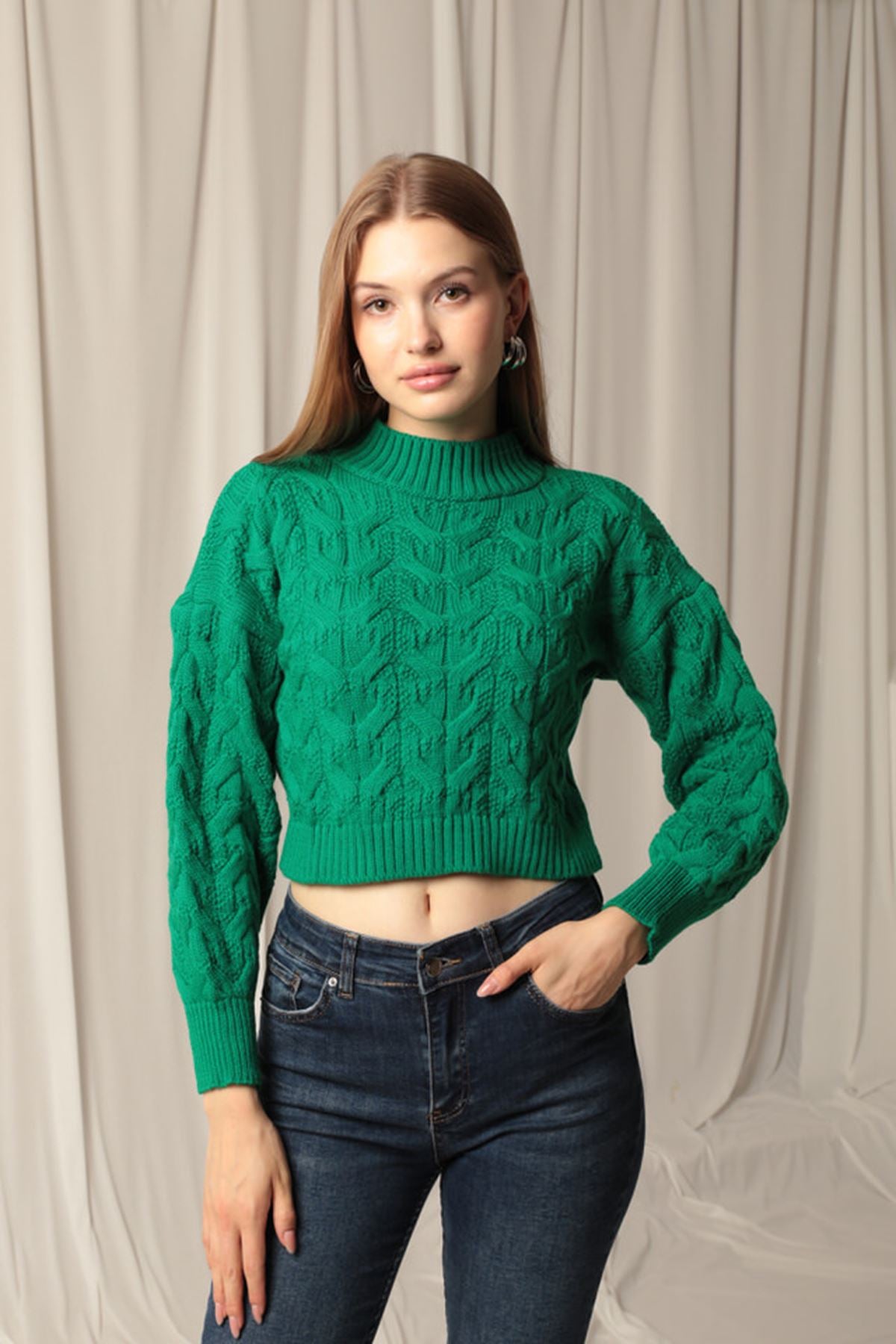 Knitwear Fabric Knit Detailed Women's Green Sweater - STREETMODE™