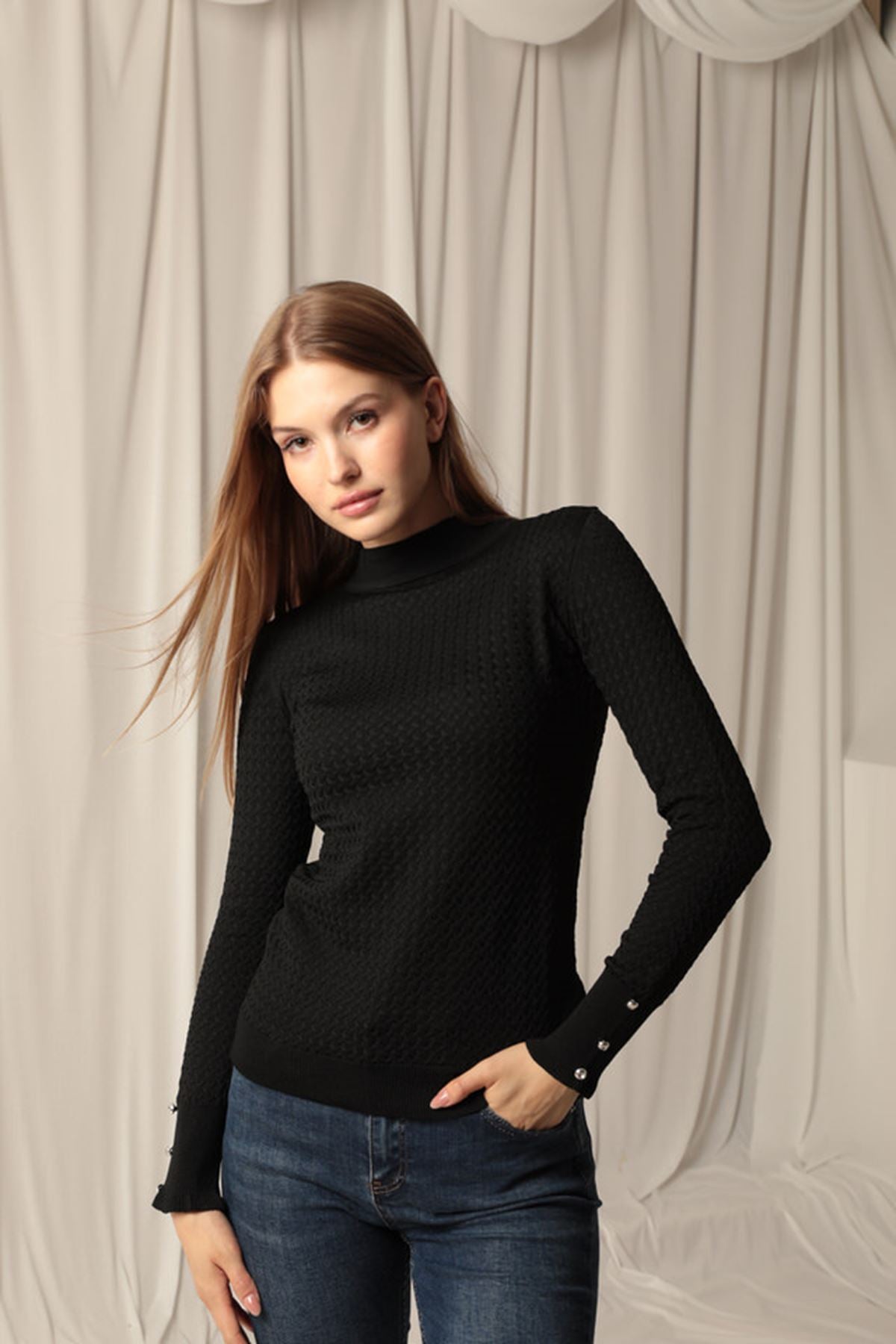 Knitwear Fabric Patterned Buttoned Sleeve Women's Black Blouse - STREETMODE™