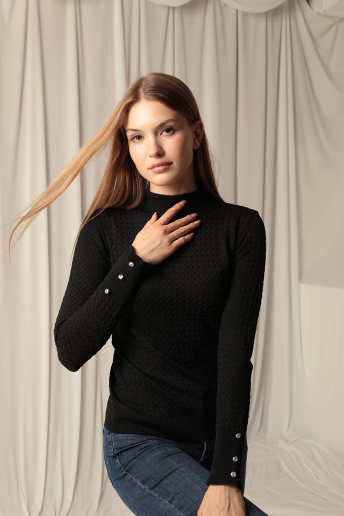 Knitwear Fabric Patterned Buttoned Sleeve Women's Black Blouse - STREETMODE™