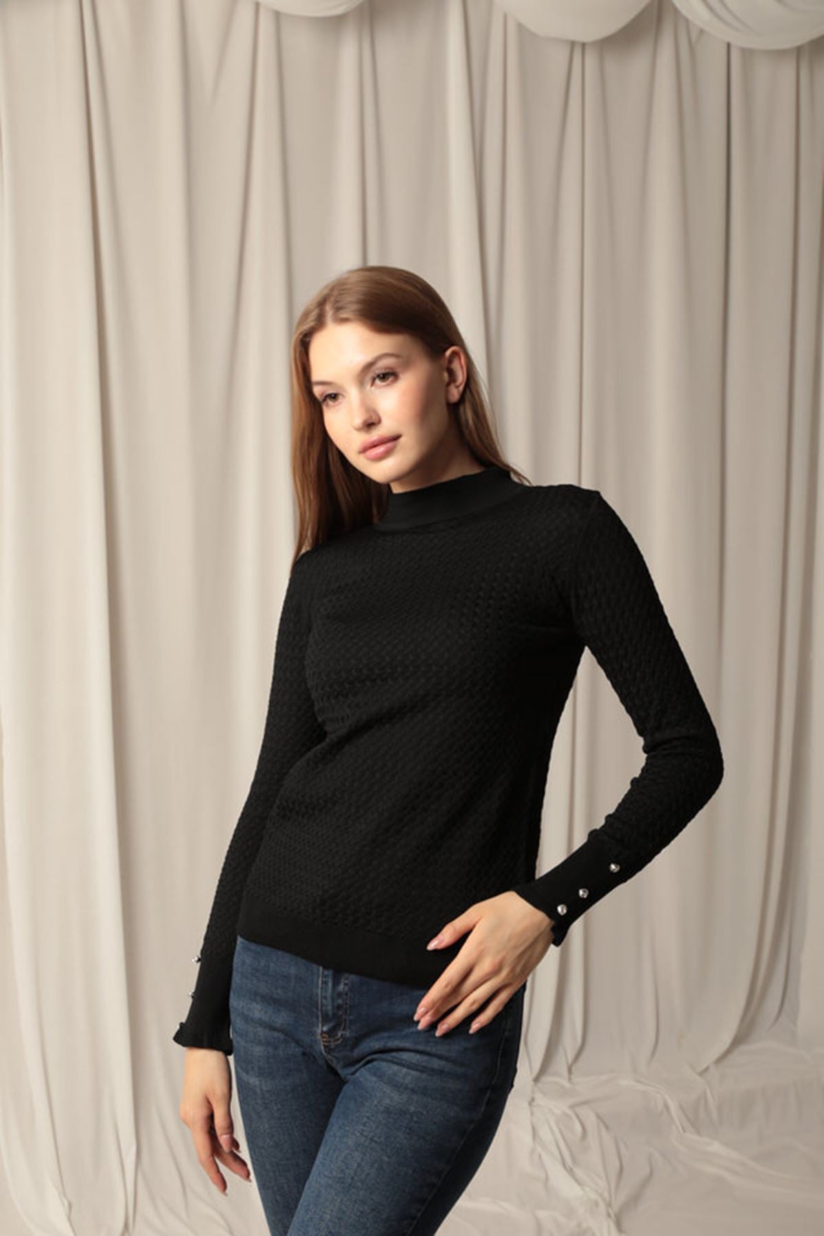 Knitwear Fabric Patterned Buttoned Sleeve Women's Black Blouse - STREETMODE™