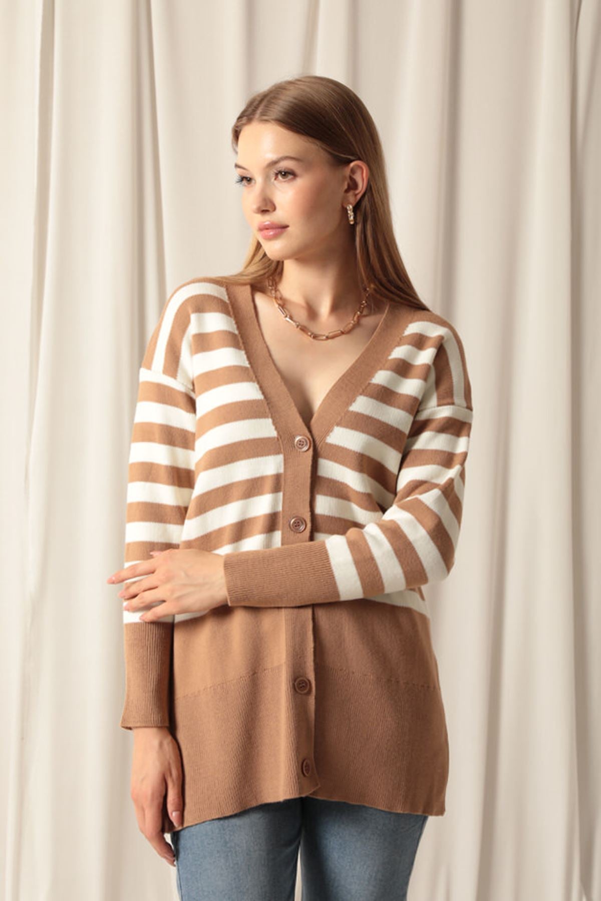 Knitwear Fabric Striped Women's Camel Cardigan - STREETMODE™