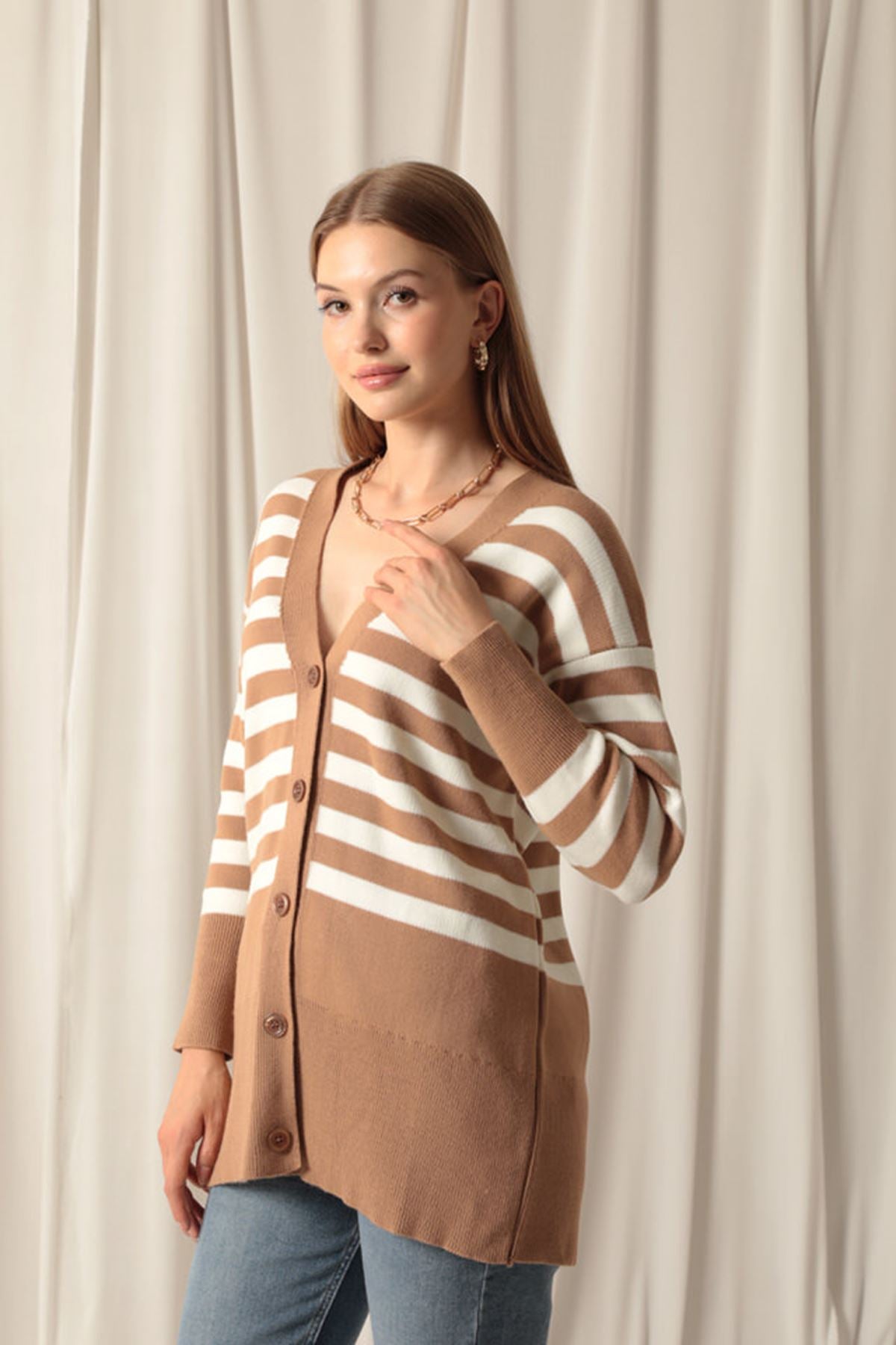 Knitwear Fabric Striped Women's Camel Cardigan - STREETMODE™