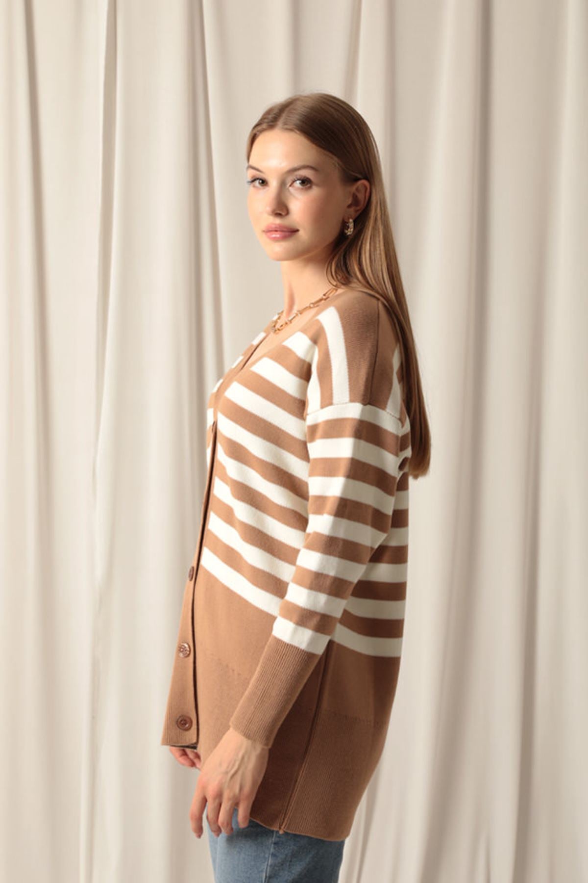 Knitwear Fabric Striped Women's Camel Cardigan - STREETMODE™