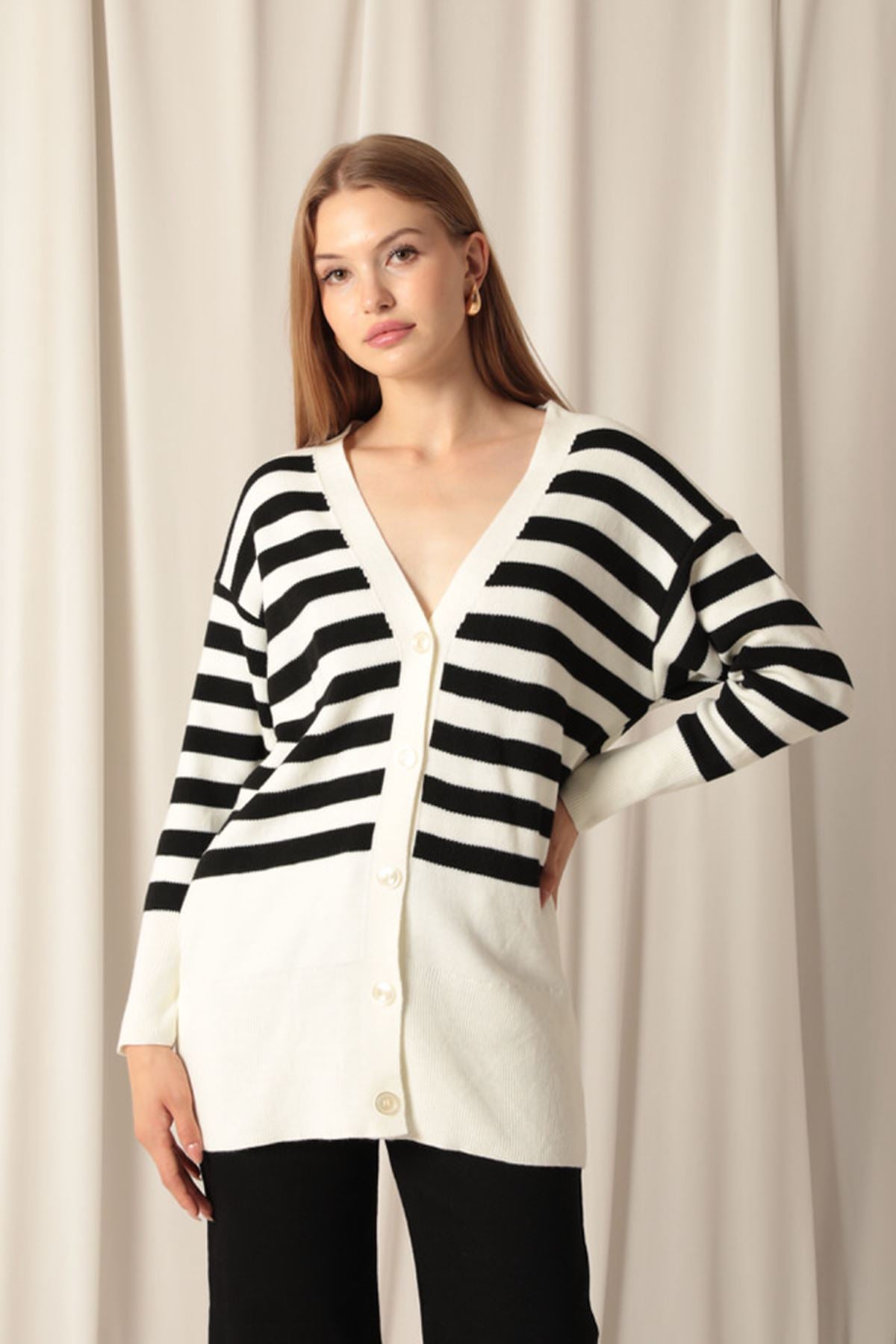 Knitwear Fabric Striped Women's Ecru Cardigan - STREETMODE™