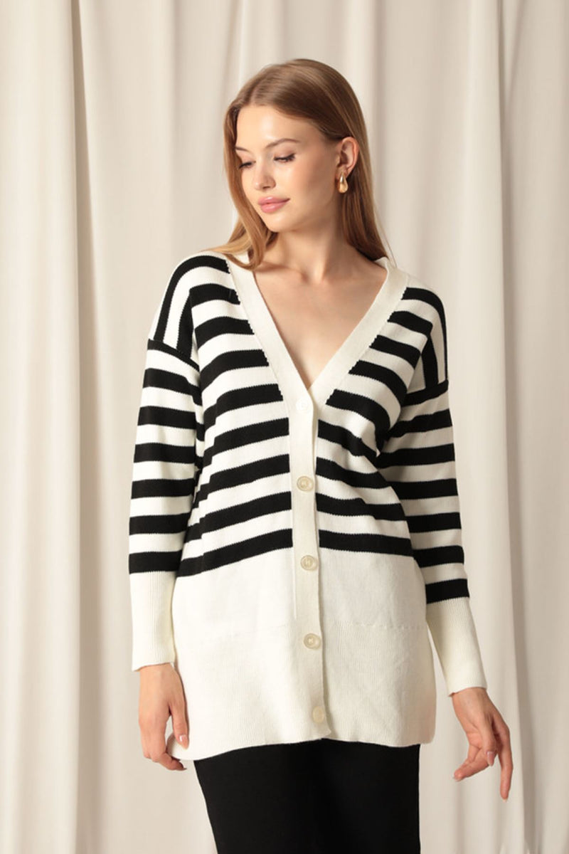 Knitwear Fabric Striped Women's Ecru Cardigan - STREETMODE™