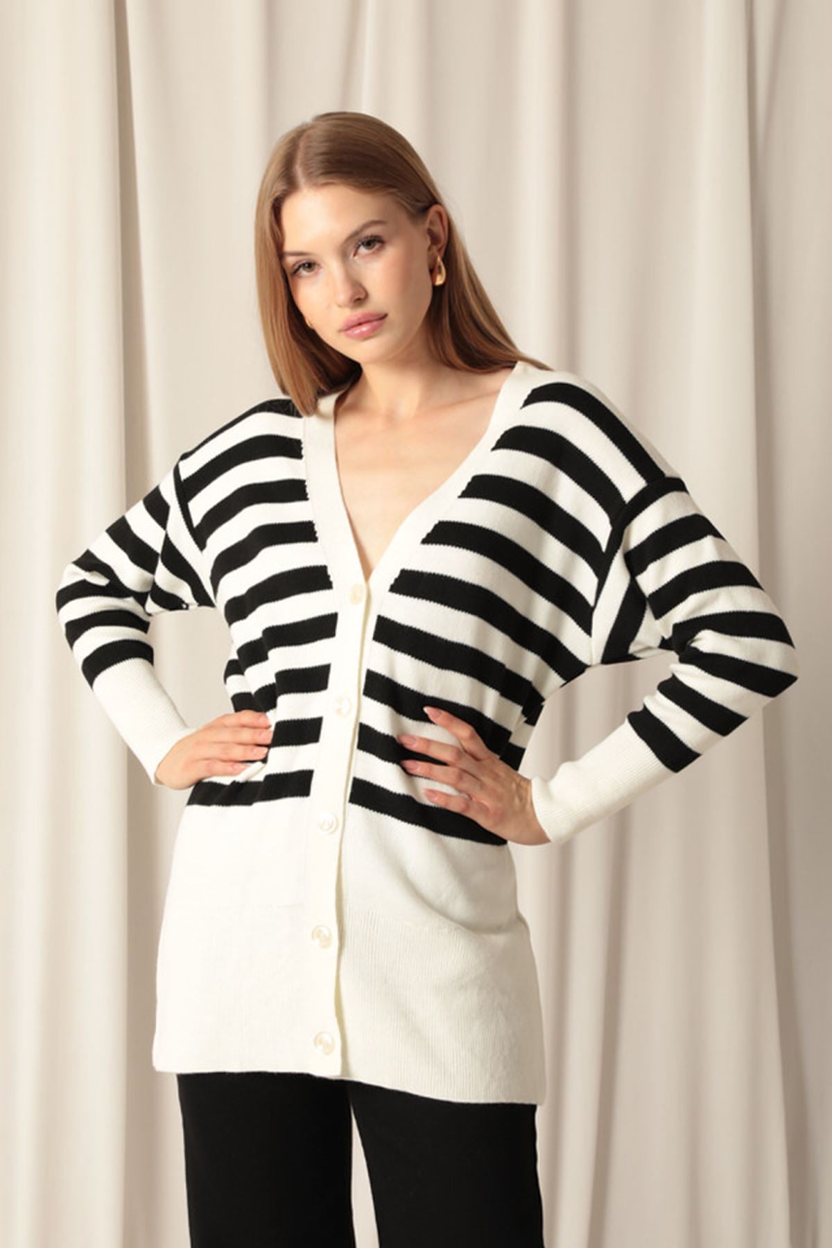 Knitwear Fabric Striped Women's Ecru Cardigan - STREETMODE™