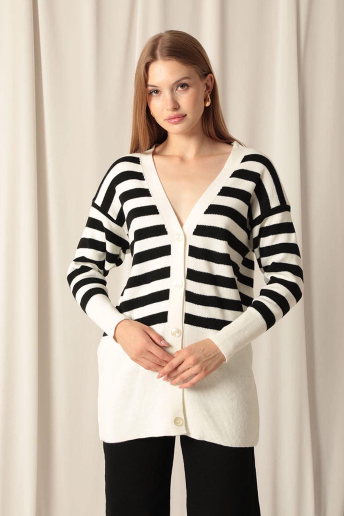 Knitwear Fabric Striped Women's Ecru Cardigan - STREETMODE™