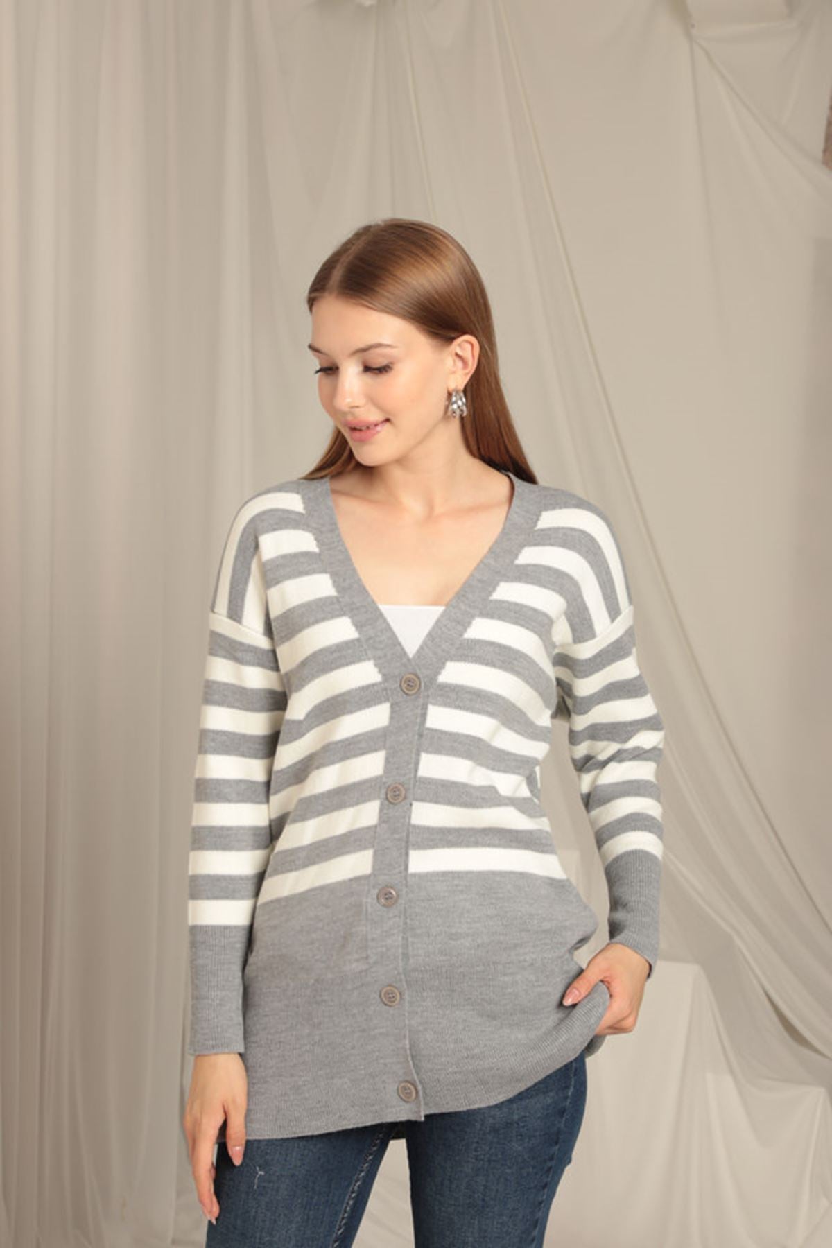 Knitwear Fabric Striped Women's Gray Cardigan - STREETMODE™