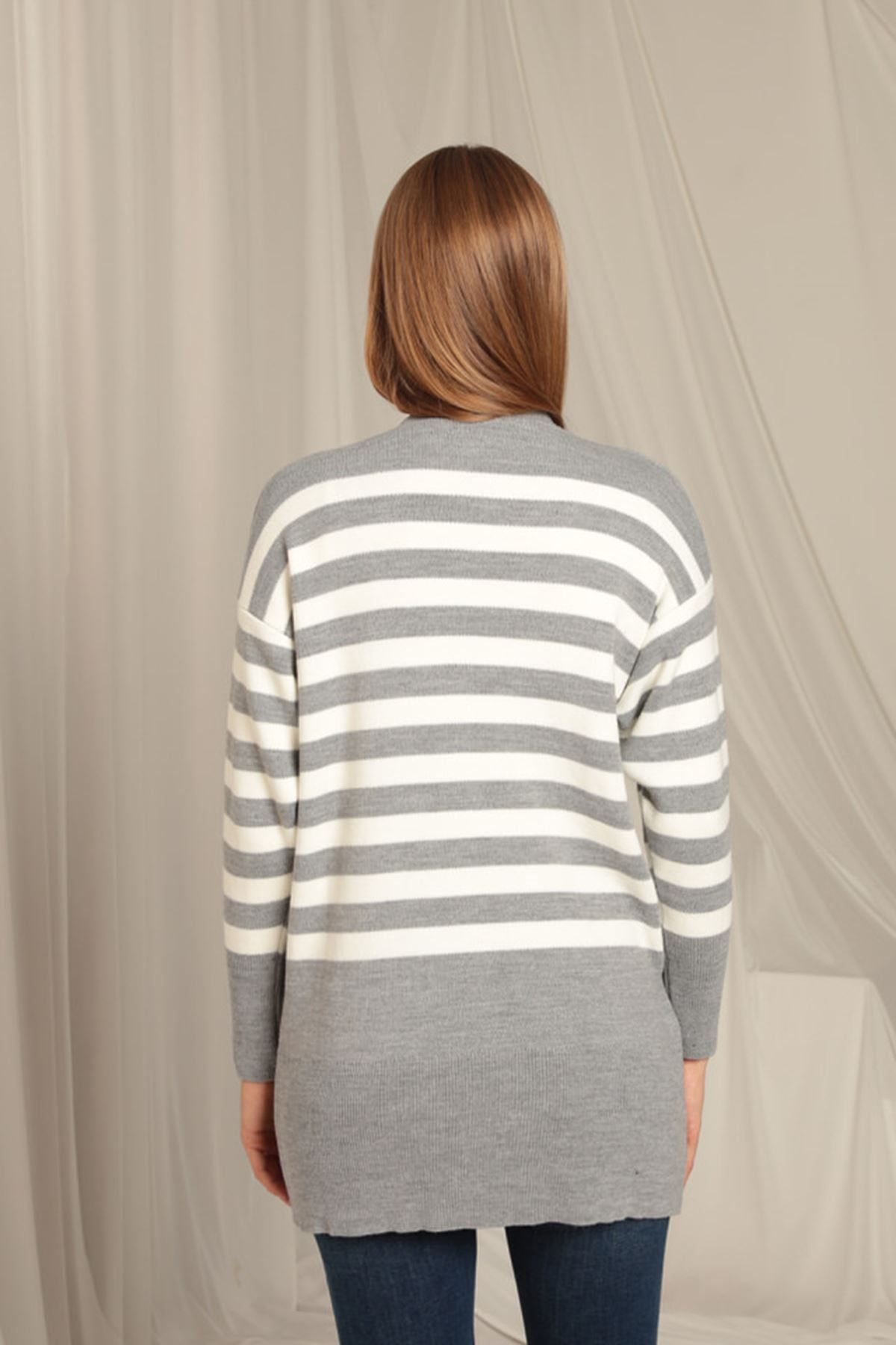 Knitwear Fabric Striped Women's Gray Cardigan - STREETMODE™