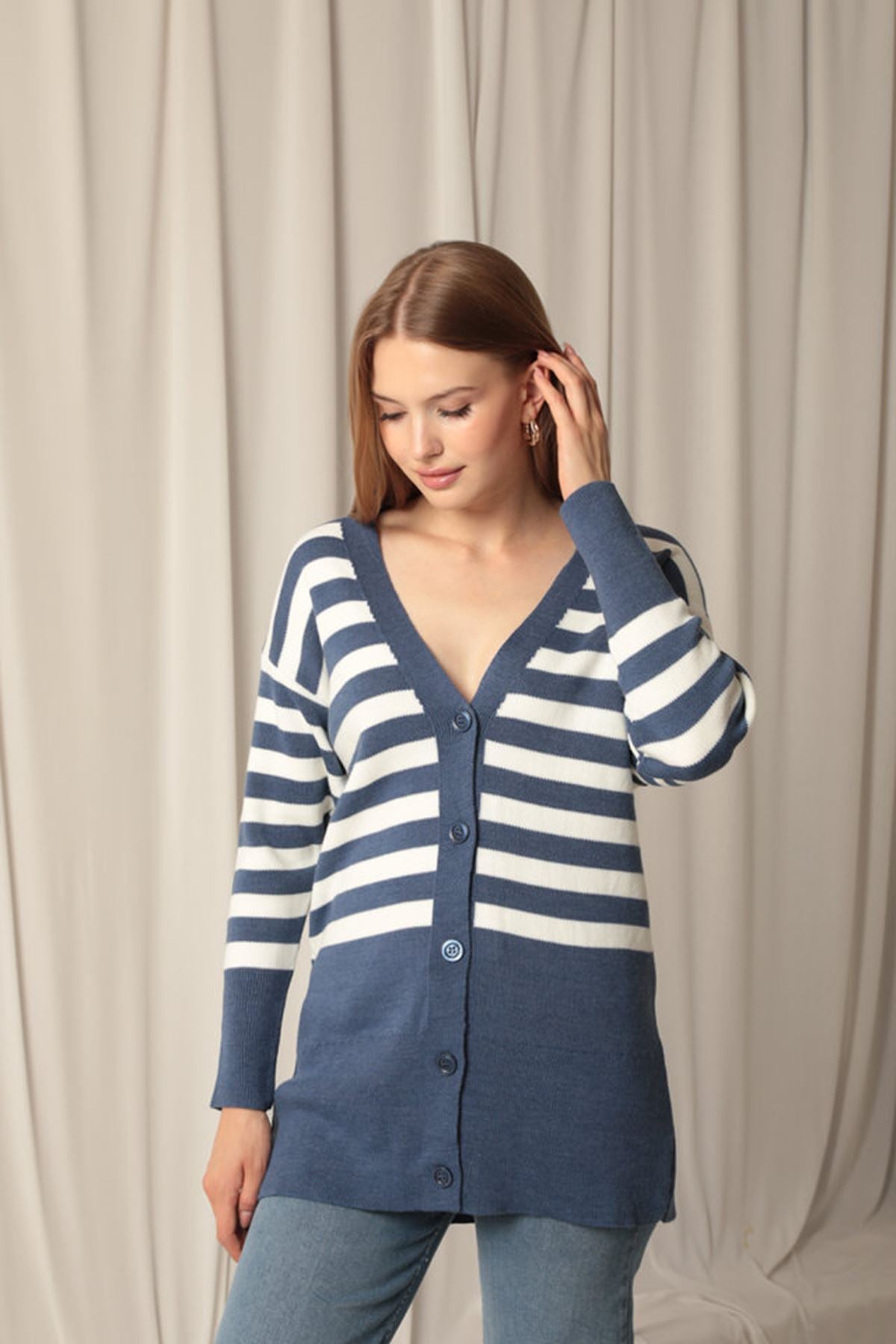 Knitwear Fabric Striped Women's Indigo Cardigan - STREETMODE™