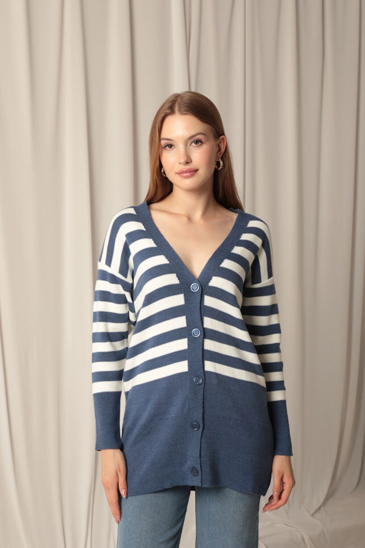 Knitwear Fabric Striped Women's Indigo Cardigan - STREETMODE™