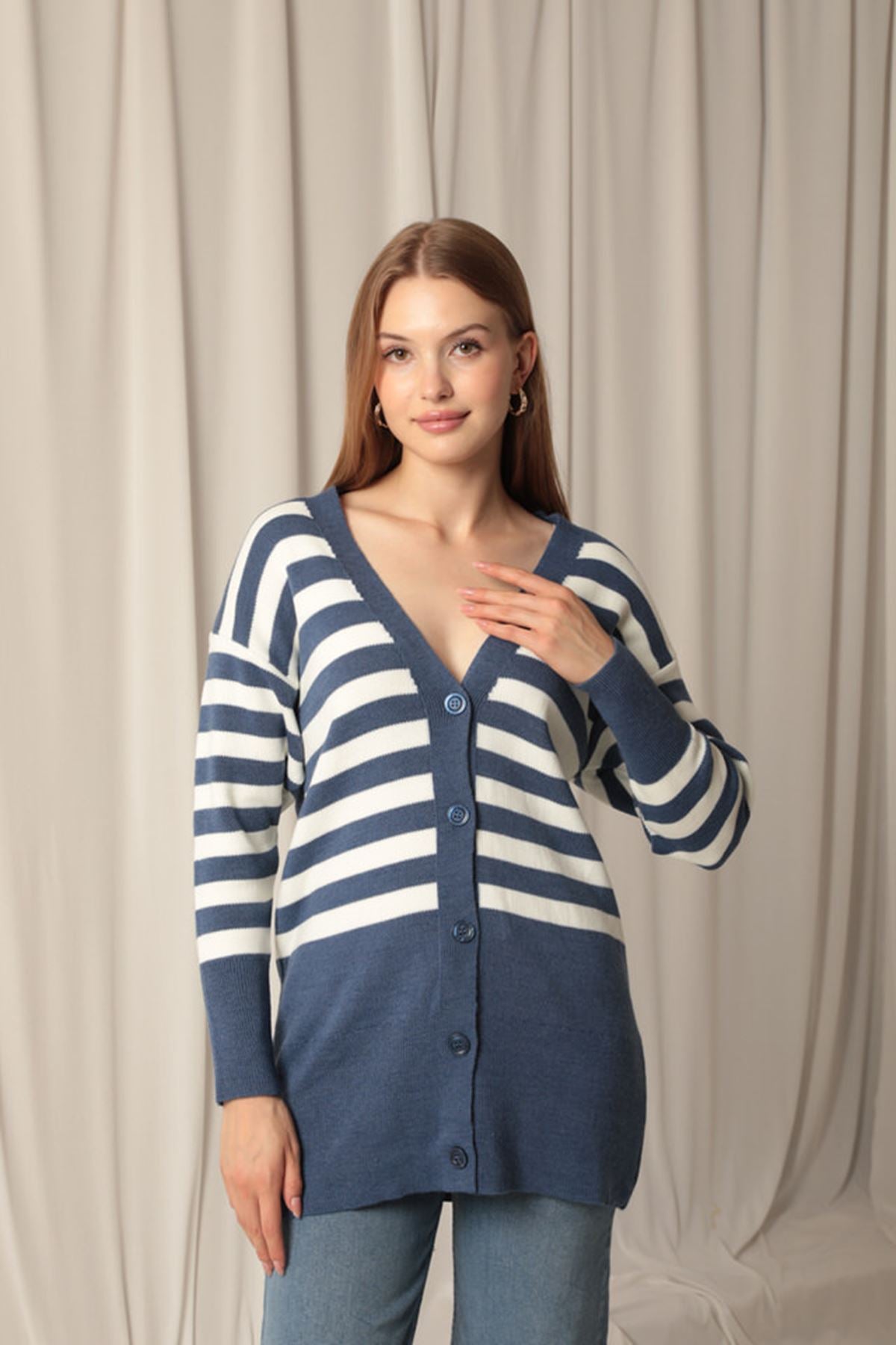 Knitwear Fabric Striped Women's Indigo Cardigan - STREETMODE™