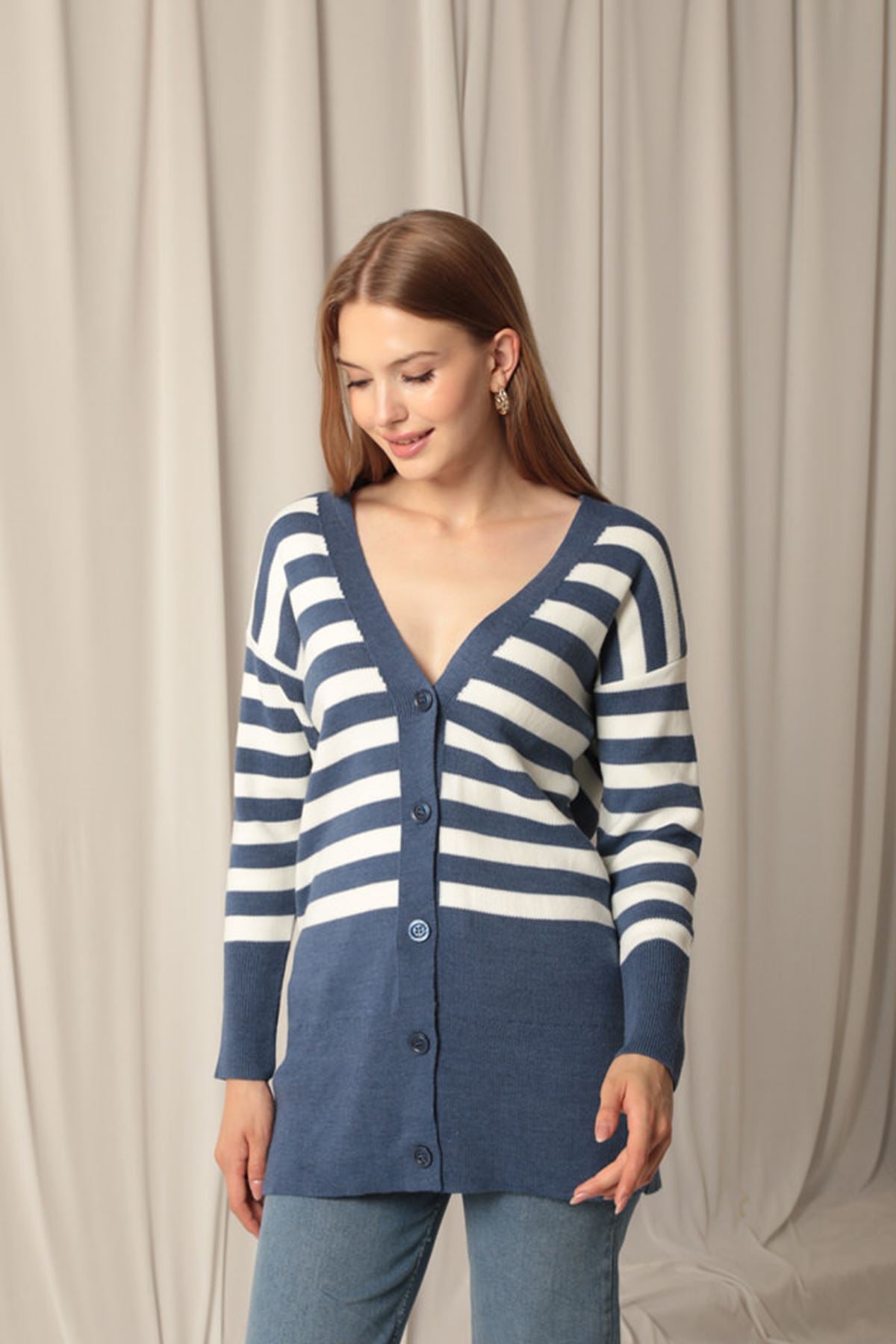 Knitwear Fabric Striped Women's Indigo Cardigan - STREETMODE™