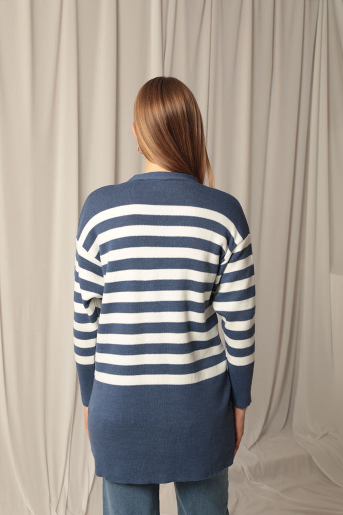 Knitwear Fabric Striped Women's Indigo Cardigan - STREETMODE™