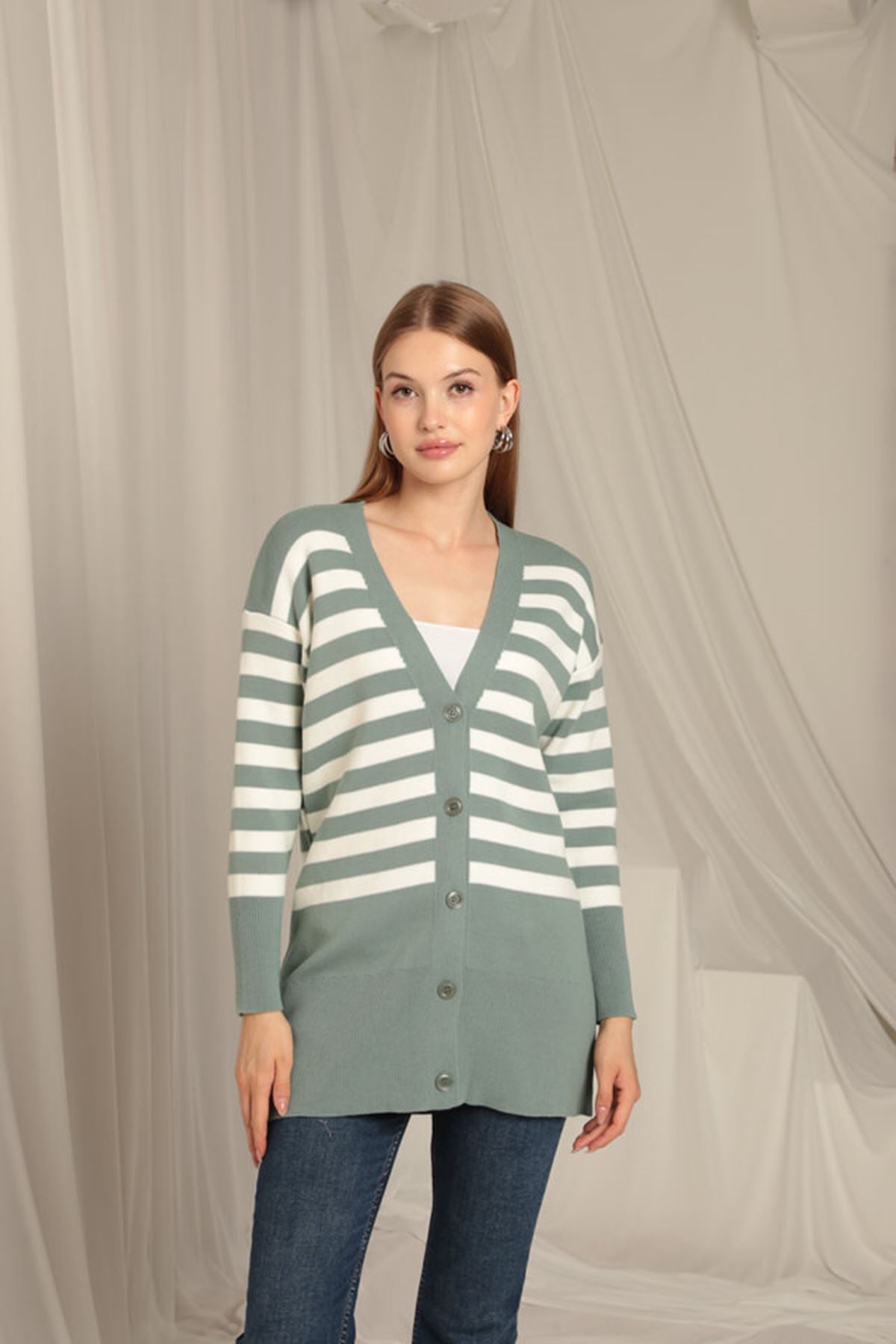 Knitwear Fabric Striped Women's Mint Cardigan - STREETMODE™