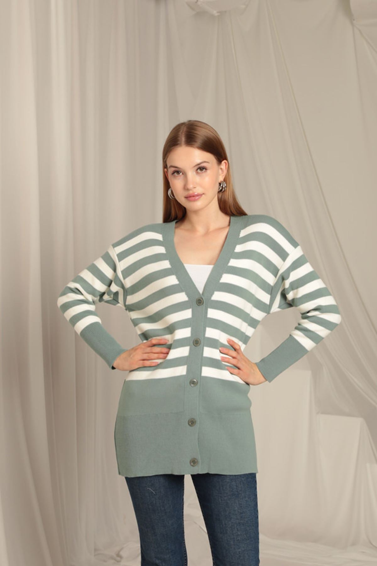 Knitwear Fabric Striped Women's Mint Cardigan - STREETMODE™