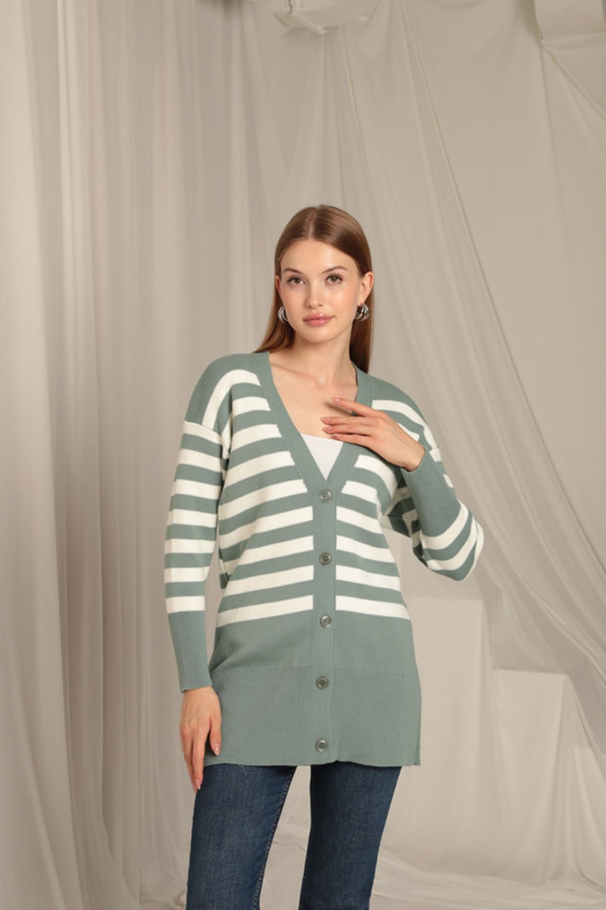 Knitwear Fabric Striped Women's Mint Cardigan - STREETMODE™