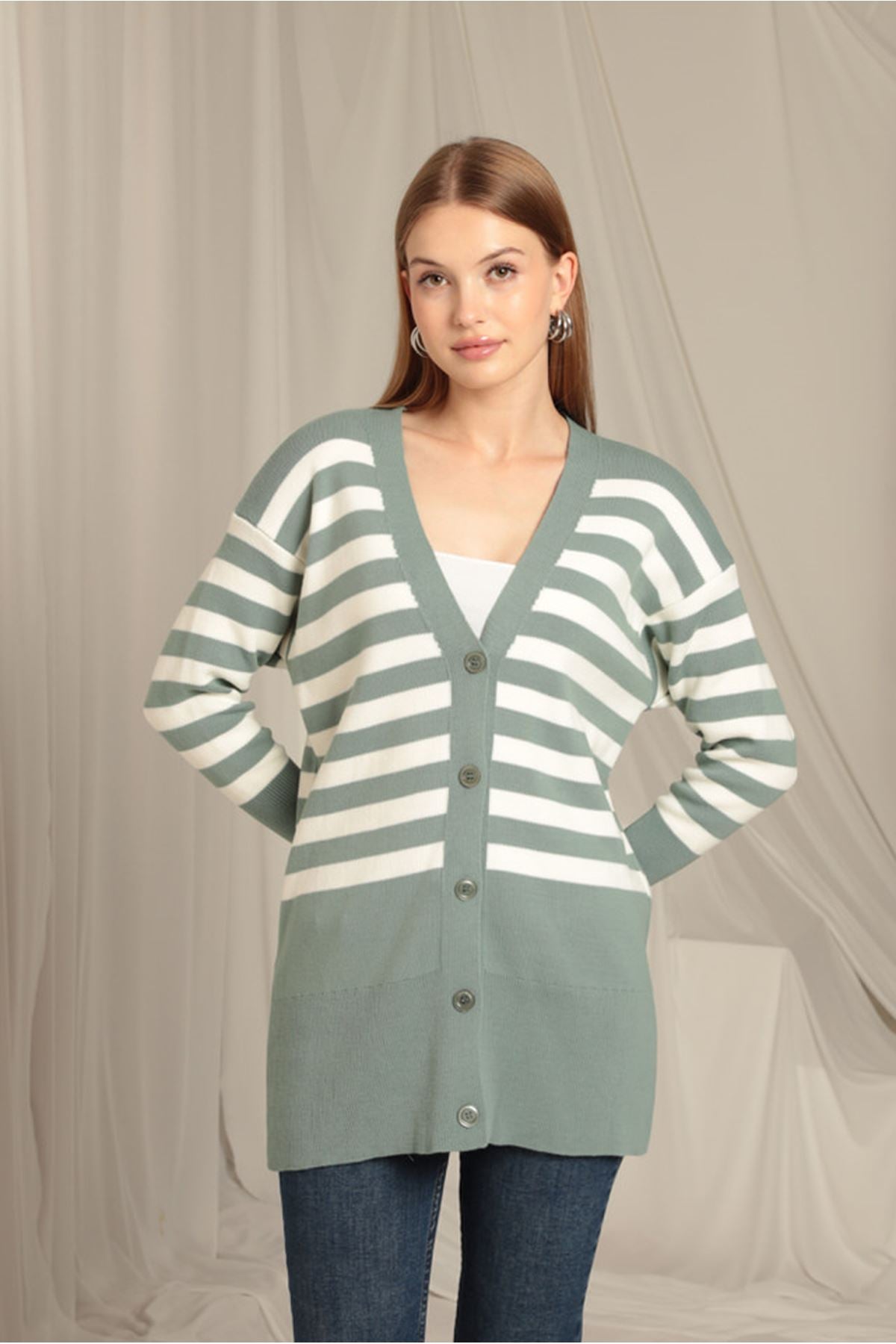 Knitwear Fabric Striped Women's Mint Cardigan - STREETMODE™