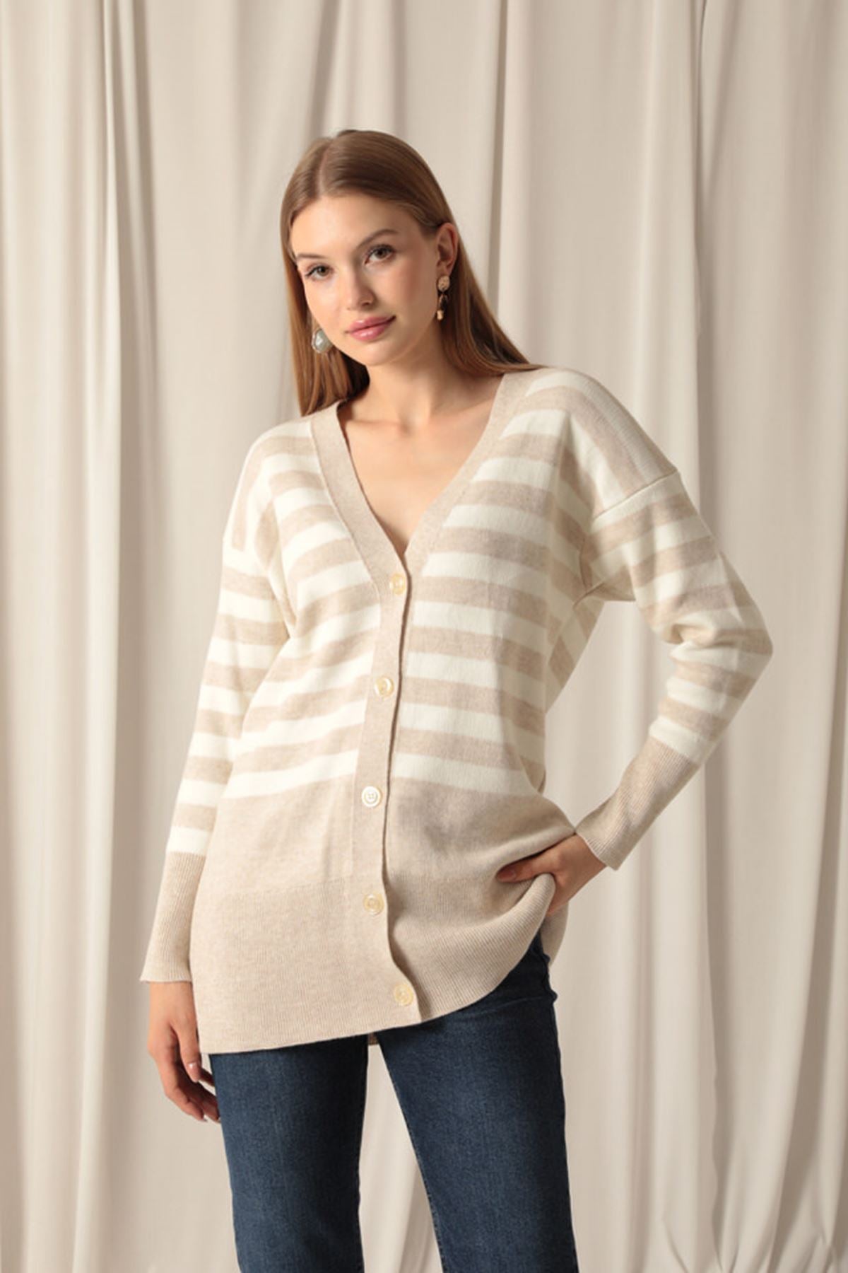 Knitwear Fabric Striped Women's Stone Cardigan - STREETMODE™